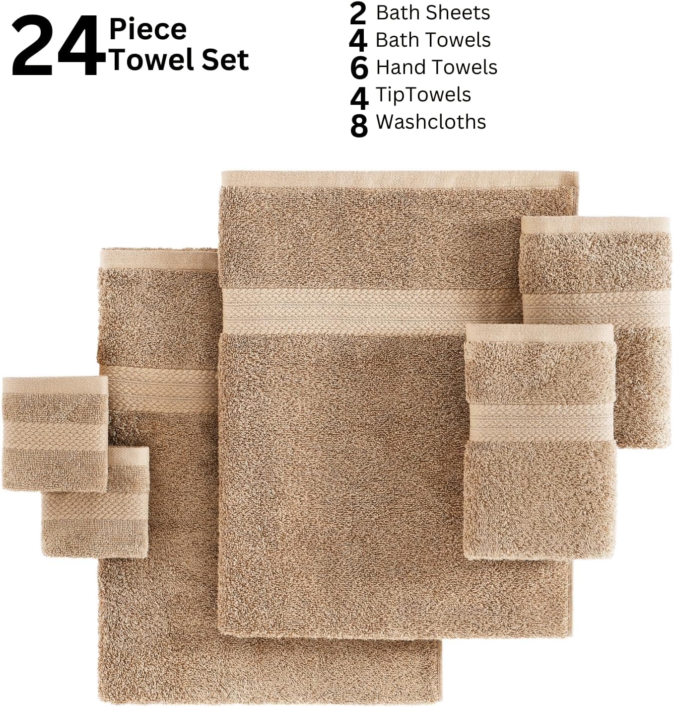 LANE LINEN 100% Cotton Bathroom Towels Set - 24 Pcs - Ring Spun Technology - 2 Bath Sheets, 4 Fingertip, 4 Bath, 6 Hand Towels, 8 Washcloths - Very Soft & Absorbent Even After Multiple Washes - Beige