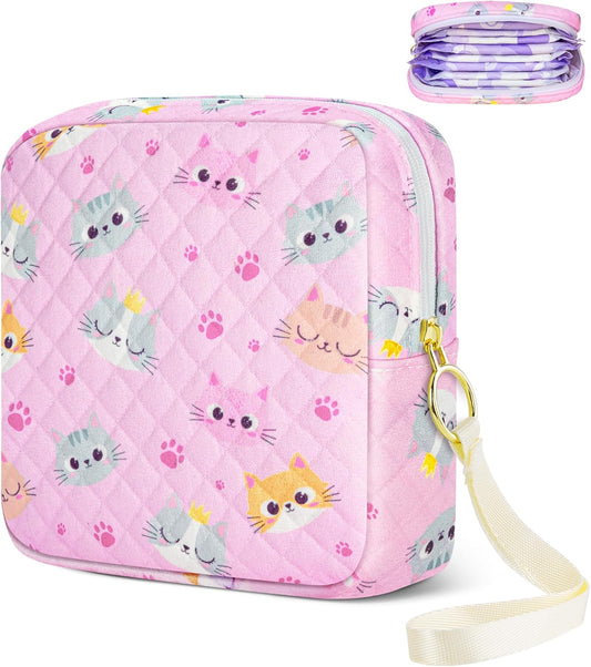 Tampon Holder for Purse, Quilted Period Bag Sanitary Napkin Storage Bag for Girls Womens, Portable Feminine Emergency Pad Period Pouch(Pink Cat)