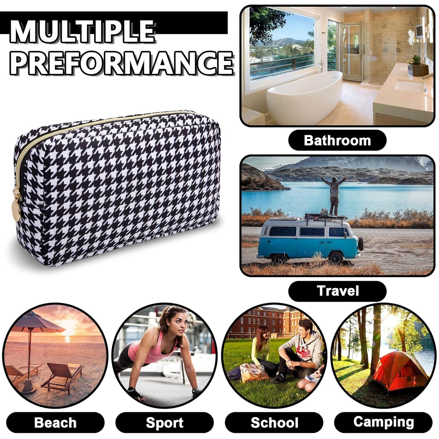 Small Makeup Bag Pouch for Purse，Nylon Travel Toiletry Storage Bag Cute Houndstooth Cosmetic Bag for Women Girls，Waterproof Makeup Organizer Bag Pouch Skincare Bag with Zipper (Small-Houndstooth)