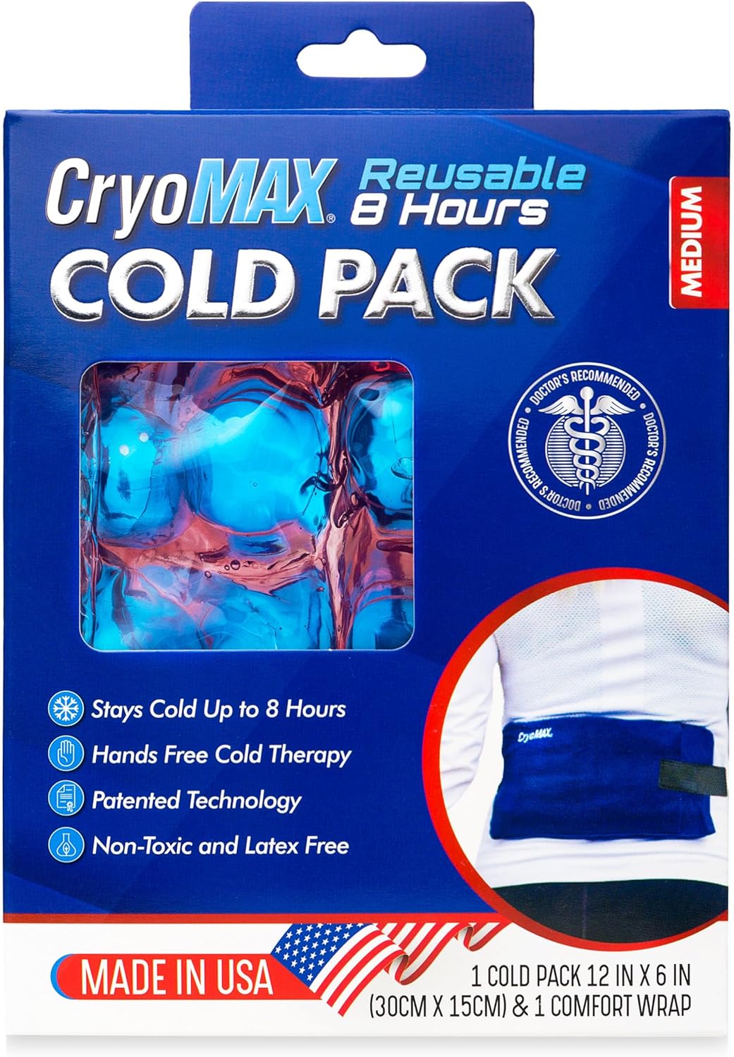 Cryo-Max Cold Pack, 8 Hour Reusable Cold Therapy Ice Pack for Elbows, Knees, Neck + More, Medium, 6" x 12" (1 Count)