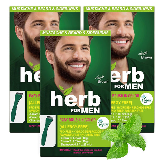 Herb For Men Mustache & Beard Dye (Deep Brown, 3 Pack), PPD-Free Ammonia-Free Hypoallergenic Beard Dye Vegan with Natural Ingredients, Odorless, Gentle for Sensitive Skin, No Skin Irritation