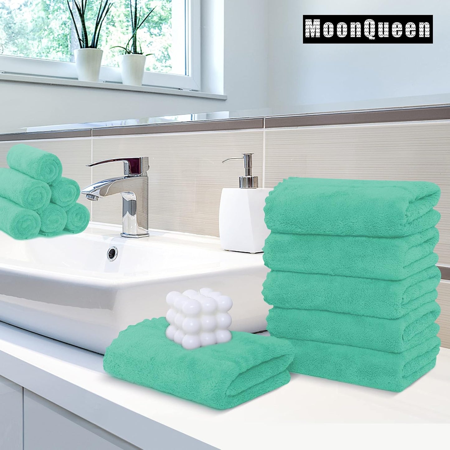 MOONQUEEN 6 Pack Premium Hand Towels - Quick Drying - Microfiber Coral Velvet Highly Absorbent Towels - Multipurpose Use as Hotel, Bathroom, Shower, Spa, Hand Towel 16 x 28 inches (Aqua Green)