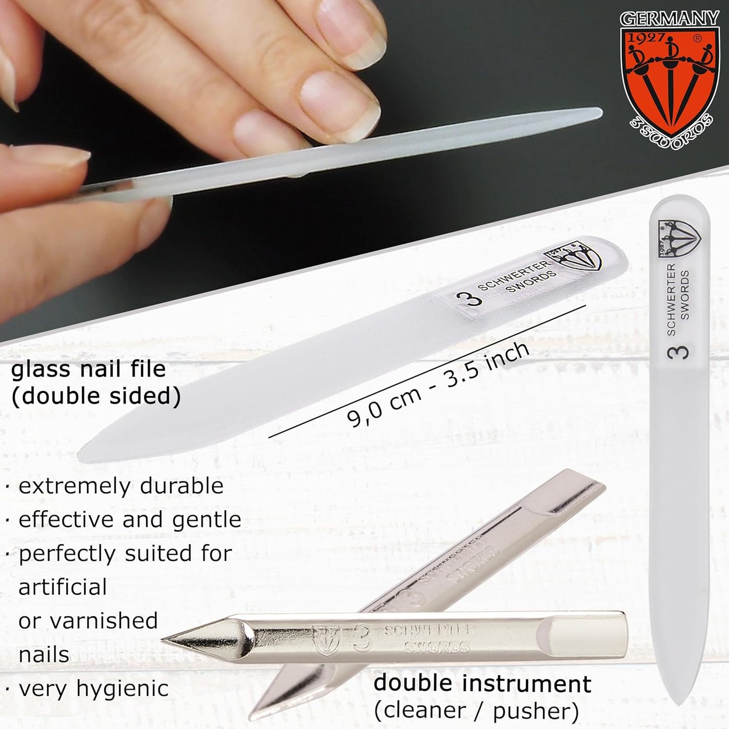 3 Swords Germany - Brand Quality 6 Piece Manicure Pedicure Grooming kit Set - Scissors, Metal and Glass Nail File, Clipper, Tweezers with Synthetic Leather case - red