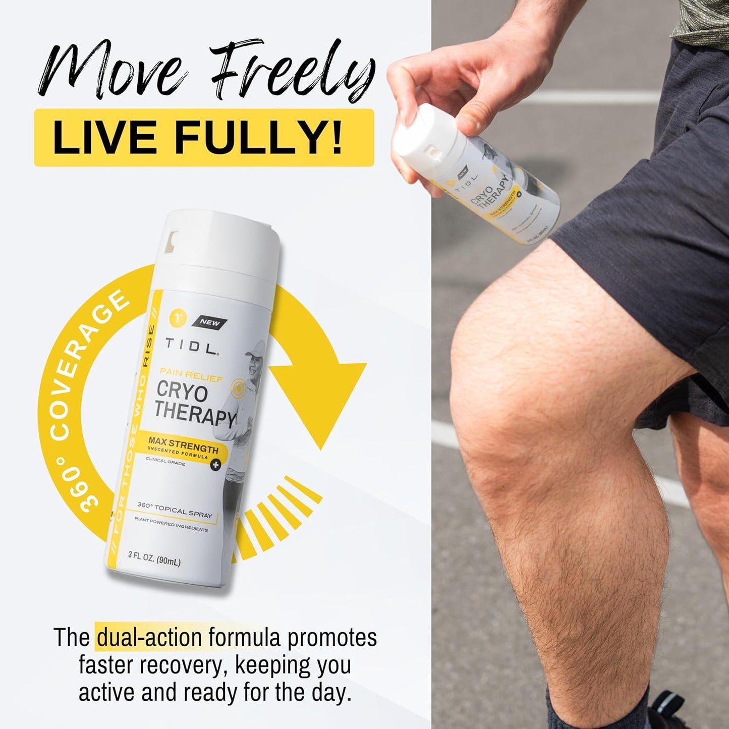 TIDL Cryotherapy Pain Relief Spray, 3 Oz (Pack of 2) Max Strength for Fast-Acting Muscle, Joint & Neck Pain Relief, Plant-Based Menthol & Camphor Pain Reliever, Quick Drying Formula