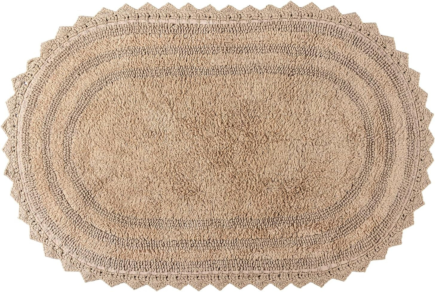 RAJRANG Bath Rug for Bathroom Kitchen and Spa with Crochet Pattern Cotton Luxury Absorbent Soft Reversible Boho Bath Mat Sand Oval 24x17 Inches