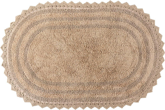 RAJRANG Bath Rug for Bathroom Kitchen and Spa with Crochet Pattern Cotton Luxury Absorbent Soft Reversible Boho Bath Mat Sand Oval 24x17 Inches
