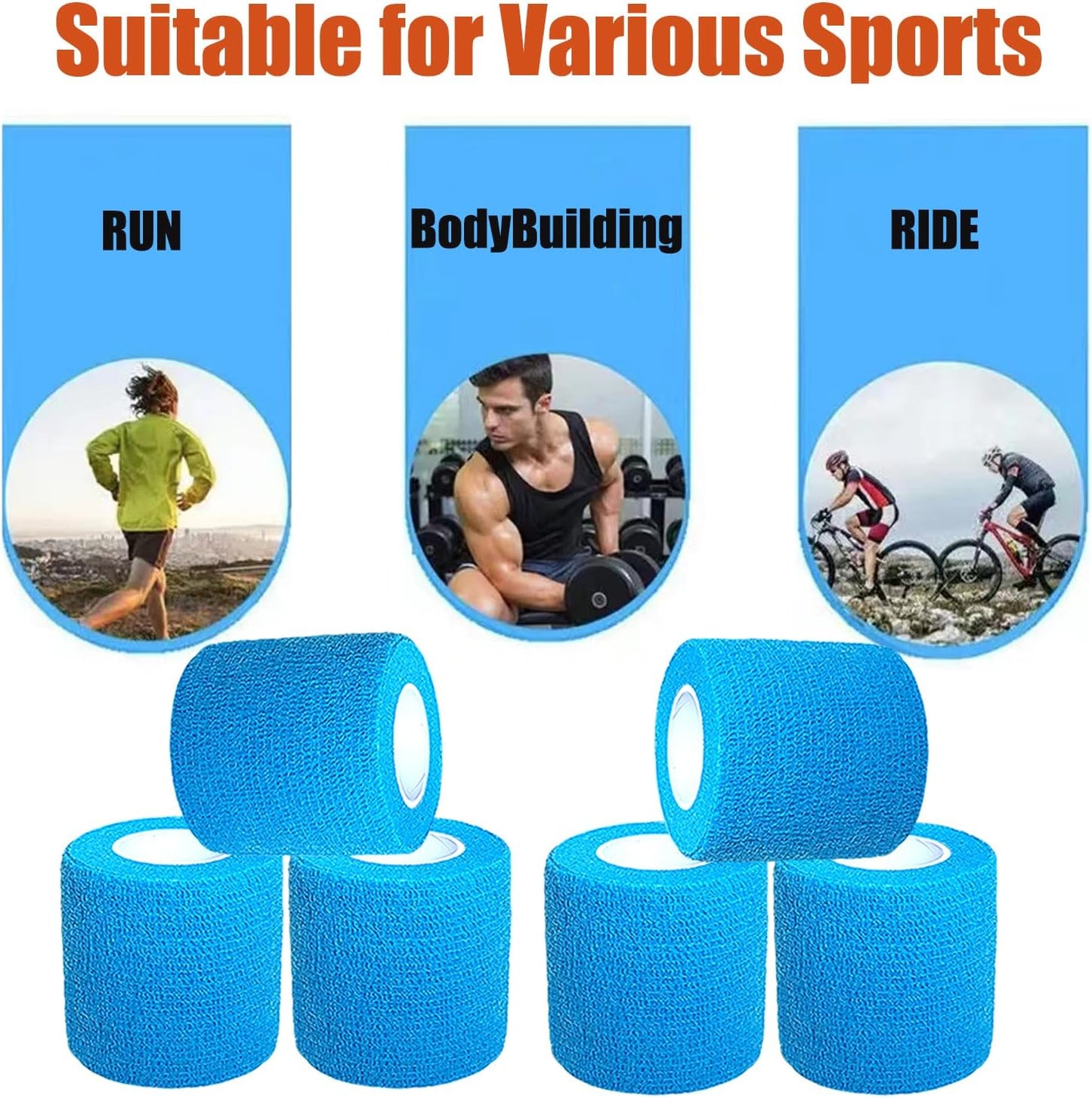 Hysiwen 6 Pack 2" x 5 Yards Self Adhesive Bandage Breathable Cohesive Wrap Self Adherent Vet Tape Self Stick Bandage Wrap for Sports, Athletic, Wrist, Ankle(Blue)