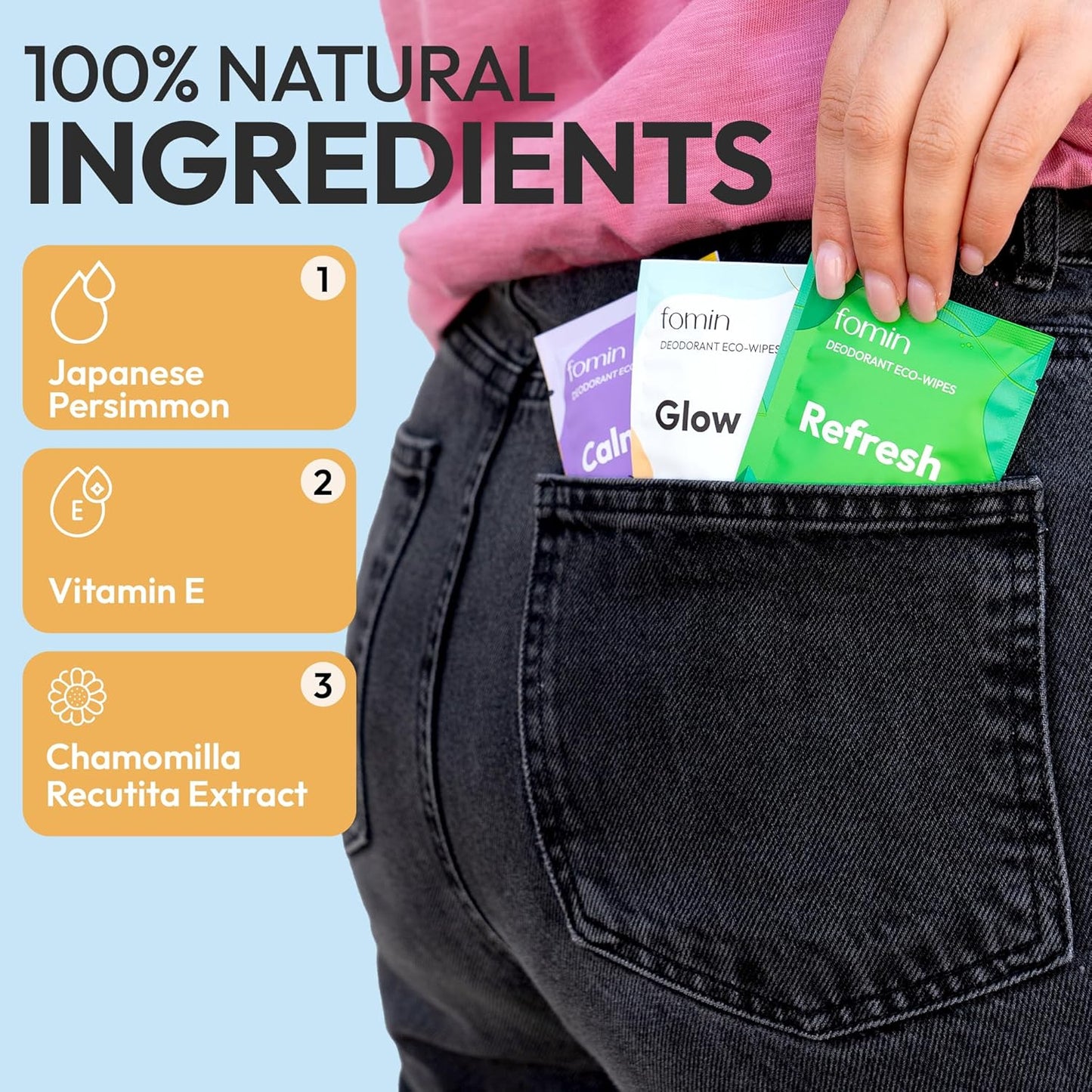 FOMIN Travel Deodorant Wipes - 50 Count - Glowing Coconut and Vanilla - pH Balanced, Hypoallergenic Mini Deodorant Wipes For Women and Men - Plastic-Free, Individually Wrapped Underarm & Body Wipes