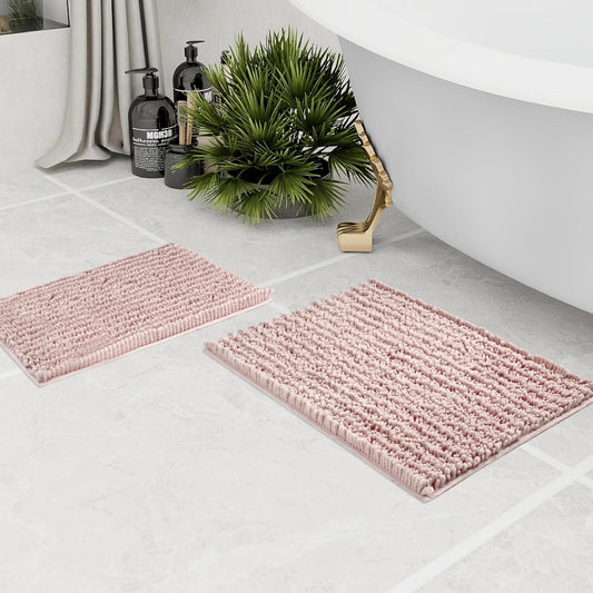 Walensee Bathroom Rug 2 Pieces Set Non Slip Bath Mat (17x24 Plus 20x32 Inch Dusty Pink) Water Absorbent Super Soft Shaggy Chenille Machine Washable Dry Extra Thick Perfect Carpet for Shower Floor
