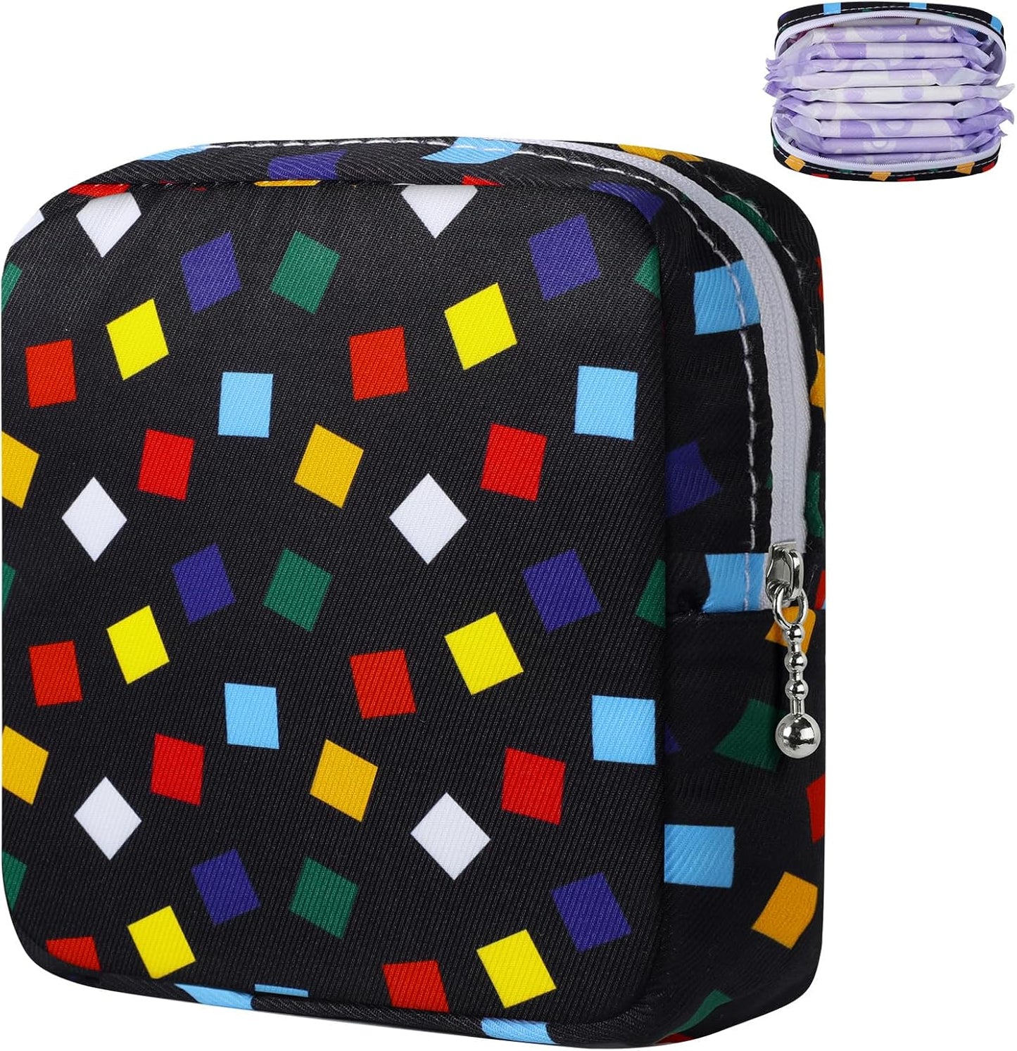 Period Bag Pouch, Canvas Sanitary Napkin Storage Bag for Girls Womens, Portable Sanitary Napkin Period Pad Pouch for Purse, Small Make Up Bags(Black Diamond)