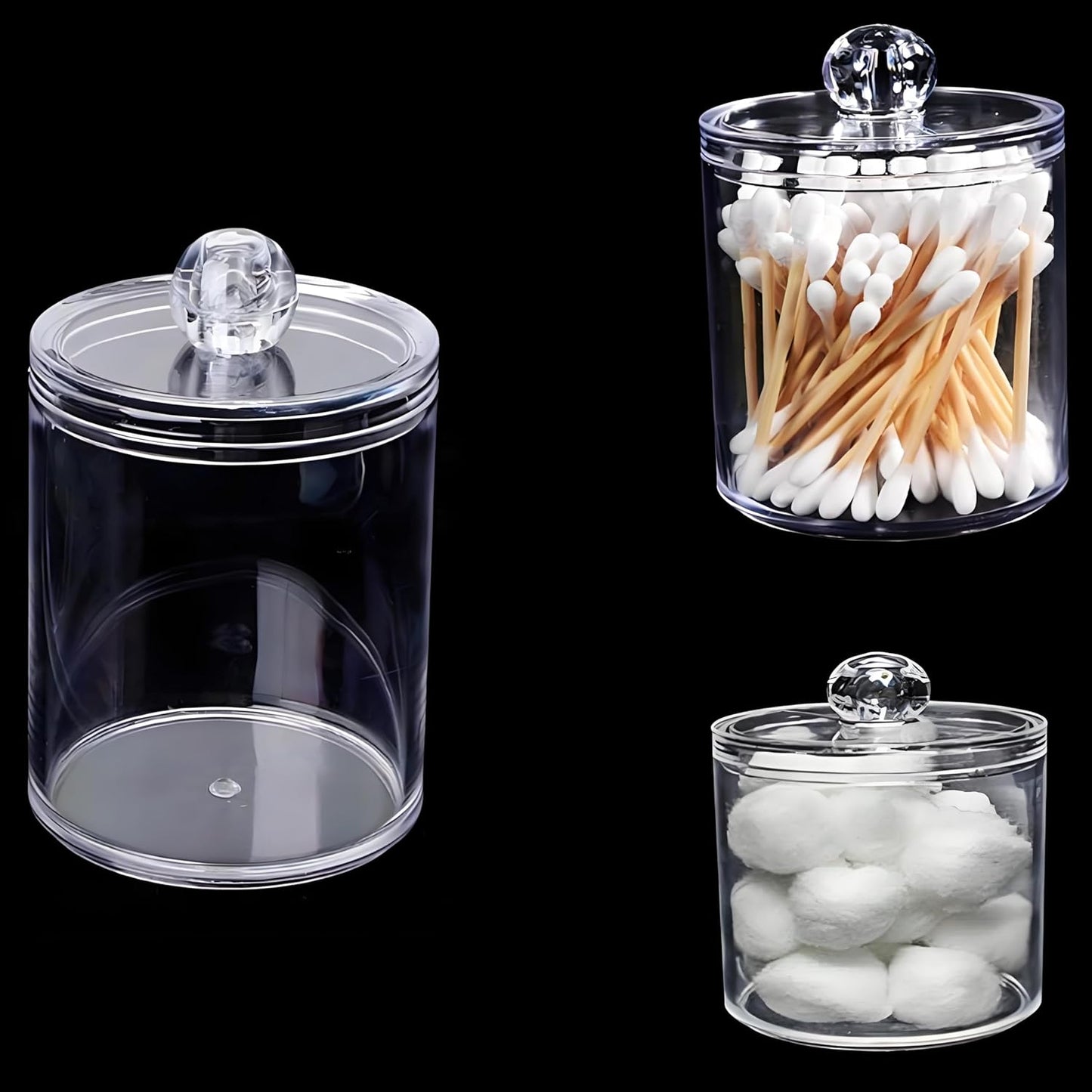 AXX Qtip Dispenser Apothecary Jars Bathroom - Qtip Holder Storage Canister Clear Plastic Jar for Cotton Swab,Q-Tips,Cotton Rounds (Clear 2Pcs)