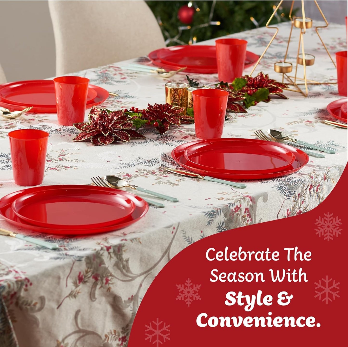 PLASTICPRO 30 Pack 10.7'' Christmass Red Plastic Party Plates Edge Collection Premium heavyweight Elegant Disposable Tableware Dishes