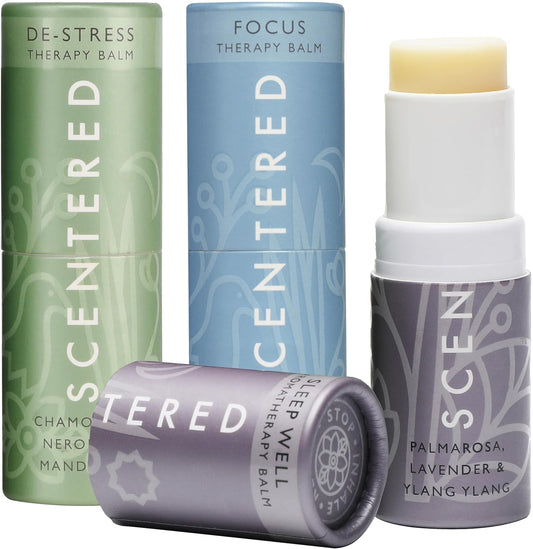 Scentered Aromatherapy Balm Gift Set - Calm & Confident - Pack of 3 Balms: Sleep Well, De-Stress, Focus - Rosemary, Cedarwood, Lavender Essential Oils - Aromatherapy Gifts for Women