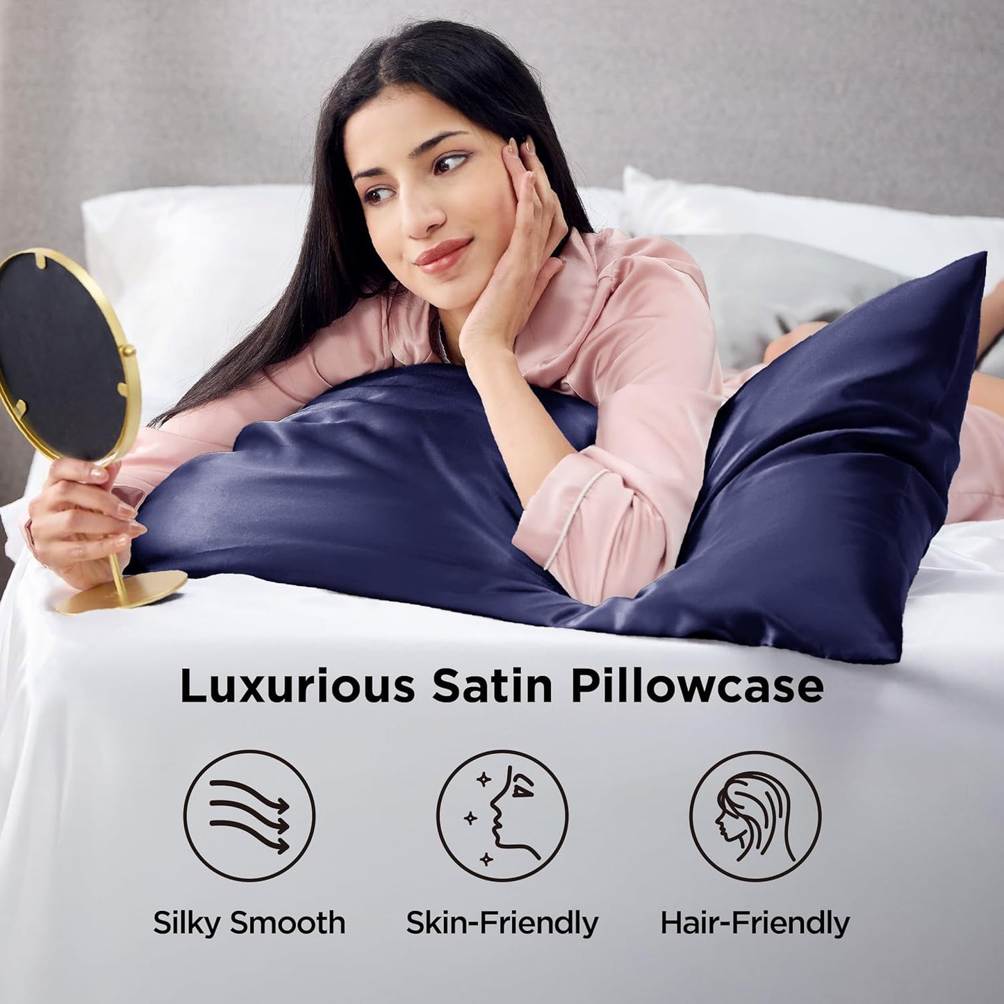 Bedsure Satin Pillowcases, Similar to Silk Pillow Cases Queen Size Set of 2, Pillow Case for Sleeping Women with Envelope Closure, Gifts for Women Men, Navy, 20x30 Inches, 2pcs