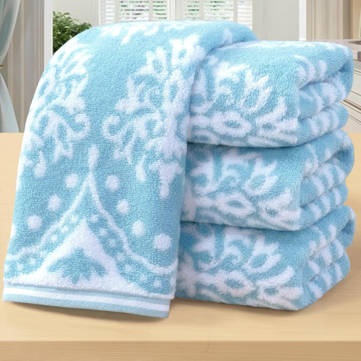 Hand Towels for Bathroom, Bath Hand Towel Set of 4, 16"x27" - 100% Cotton | Quick Dry | Soft | Light Weight | Absorbent, Jacquard Decorative Hand Towels Set, Aqua and White Damask Patterned