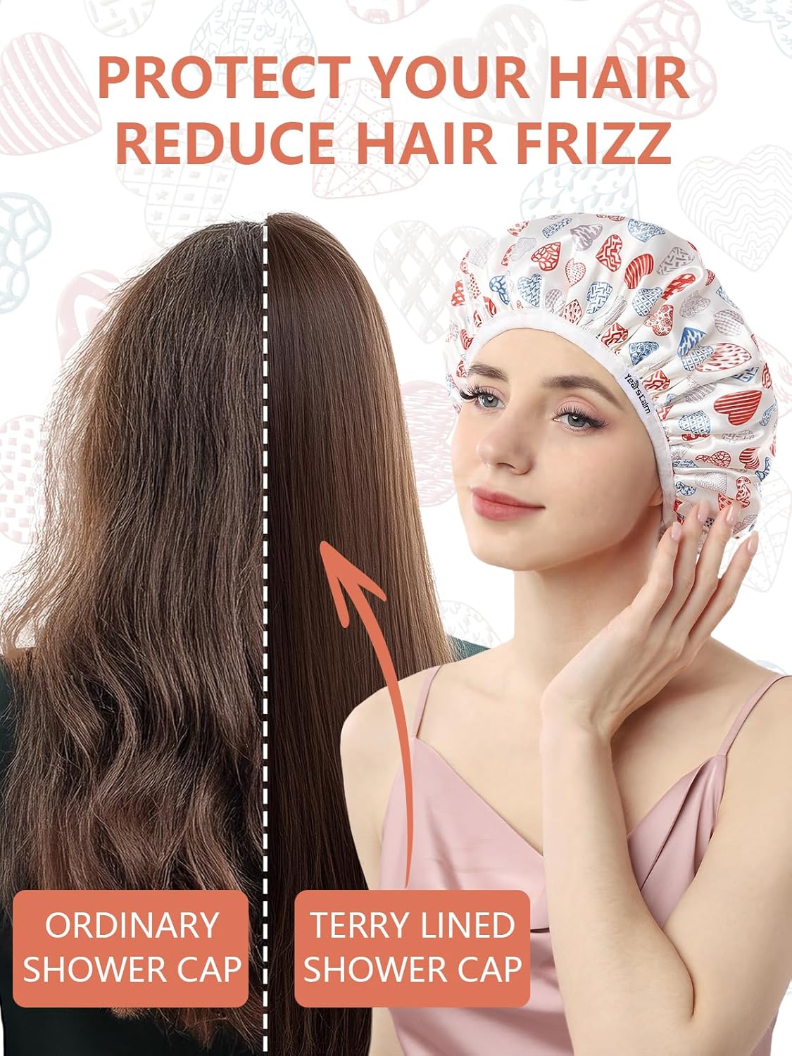 Years calm Terry Lined Shower Cap, Triple Layer Heart Motifs,Waterproof Reusable Elastic,Hair Shower Cap for Women,Terry Cloth Shower Caps for Spa,Clean,Trave (White, One Size)