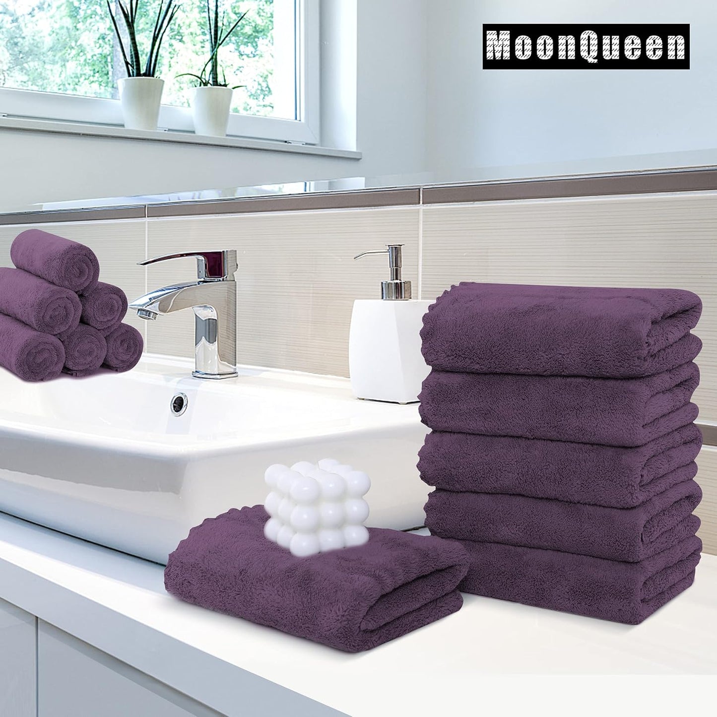 MOONQUEEN 18 Pack Premium Hand Towels - Quick Drying - Microfiber Coral Velvet Highly Absorbent Towels - Multipurpose Use as Hotel, Bathroom, Shower, Spa, Hand Towel 16 x 28 inches (Plum)