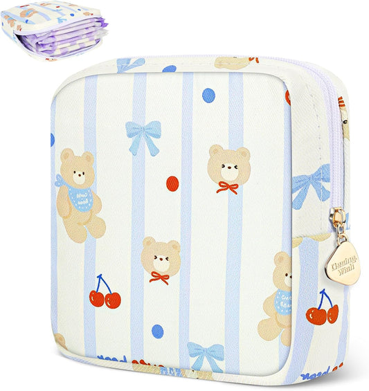 Desing Wish Sanitary Pad Storage Bag Portable Period Bag for Teen Pads/Sanitary Napkins/Small Tampons, Sanitary Napkin Storage Bag First Period Gifts for Teen Girls (Bowknot Bear)