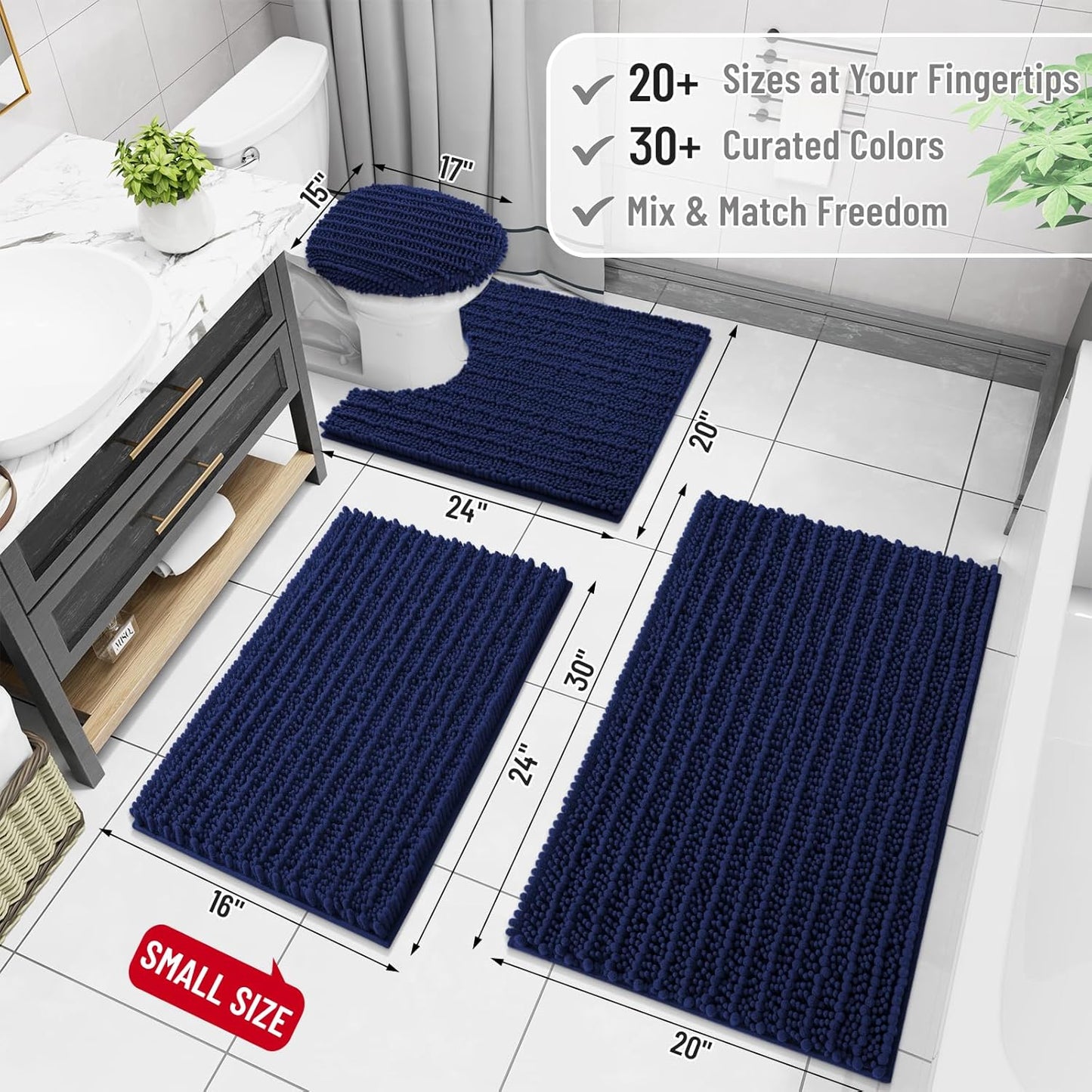 Arotive Luxury Chenille Toilet Rugs U-Shaped, Extra Soft Thick Absorbent Bathroom Mat, Non-Slip Shaggy Plush Contour Rugs, Machine Wash Dry Bath Mat for Toilet Base, 24x20, Navy