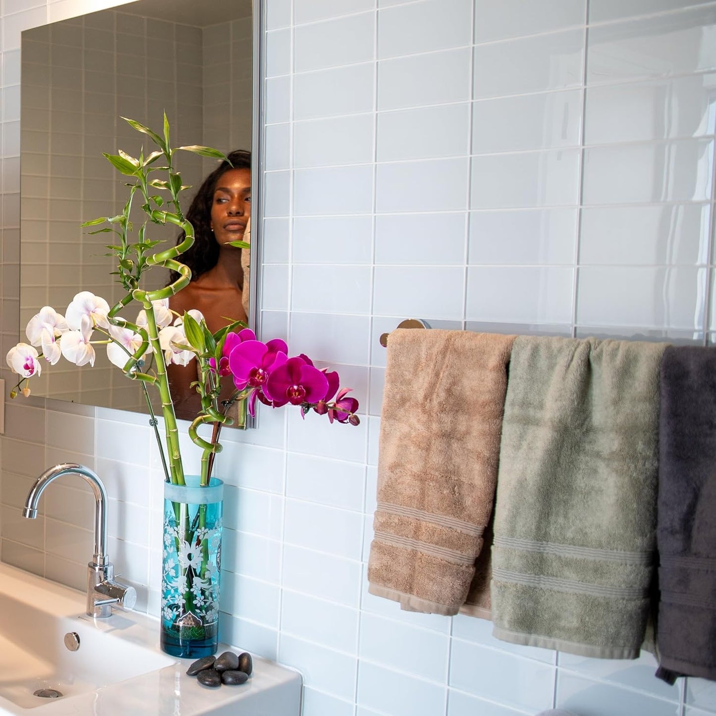 Mosobam Luxury Turkish Set of 12 Hand Towels 16X30 Allure Blue 700 GSM Bamboo Viscose & Aegean Turkish Combed Cotton