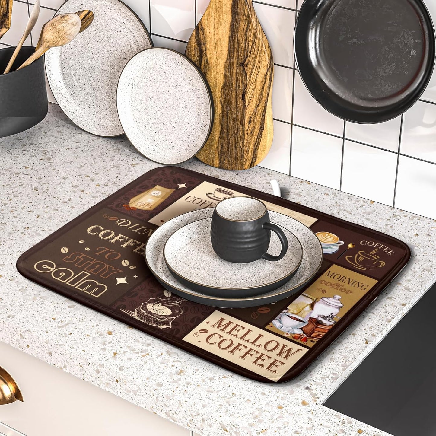 Brown Coffee Dish Drying Mat 16x18 Inch Coffee Cup Espresso Machine Pad Absorbent Washable Dish Rack Pad for Kitchen Counter Cafe Bar