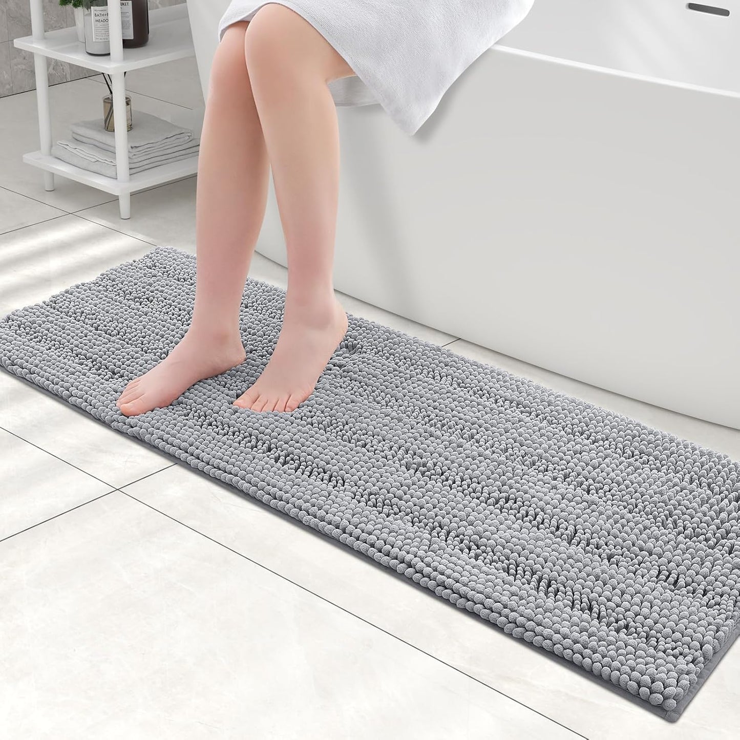 Grandaily Chenille Striped Bathroom Rugs 47x17, Extra Thick and Absorbent Bath Mats, Non-Slip Soft Plush Shaggy Shower Carpet, Machine Wash Dry, Bath Rug for Bathroom, Light Grey