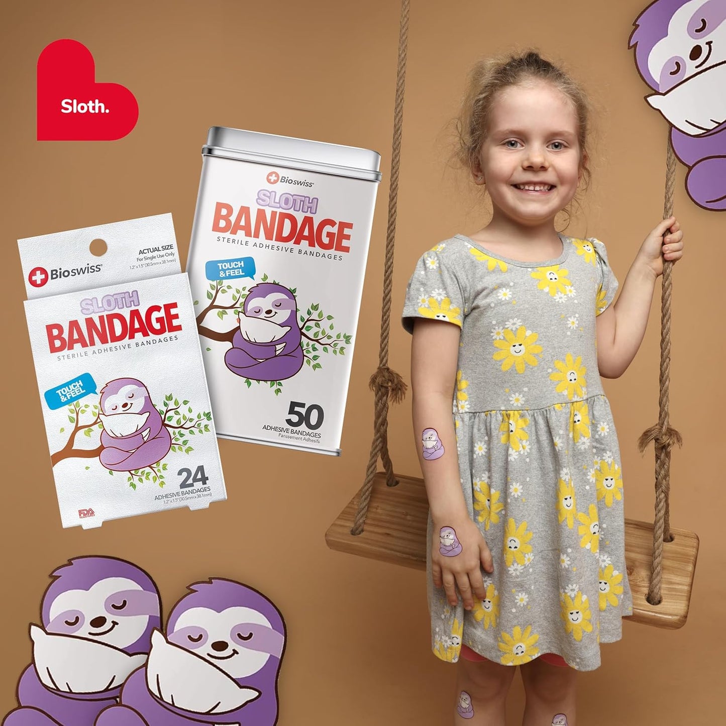 BioSwiss Kids Bandages, Sloth Shaped Self Adhesive Bandage Set, Latex Free, Sterile Wound Care, 50 Count