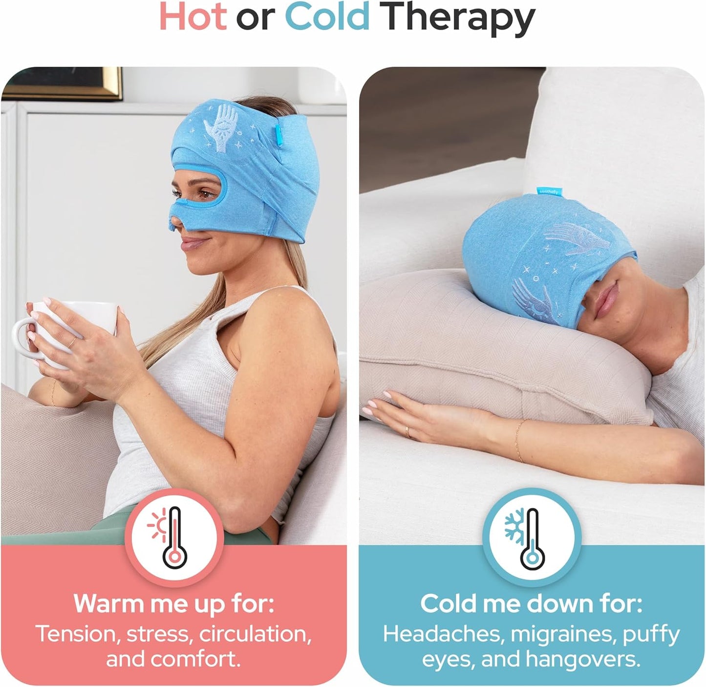 Migraine Relief Cap - Built-in Slide-Up Eye Mask - Natural Headache Relief - 360° Compression Hangover Hat with Cooling Gel for Tension and Stress