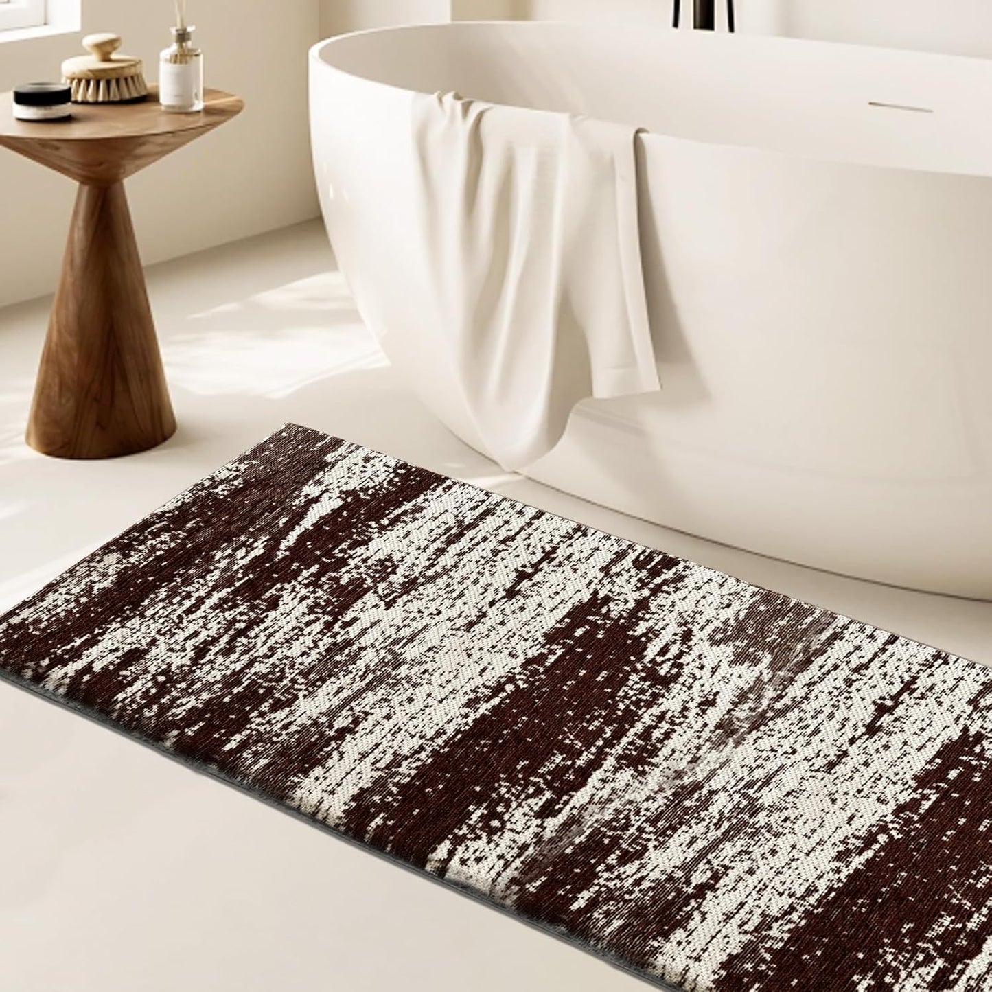 HDFK Graffiti Bath Mat | Non Slip Water Absorbent Quick Dry Woven Floor Mats | Thin Machine Washable Modern Shower Rug | Low Pile Profile Fit Under Door Vanity Room Bathroom Rugs | 24x17.7 Inch Brown