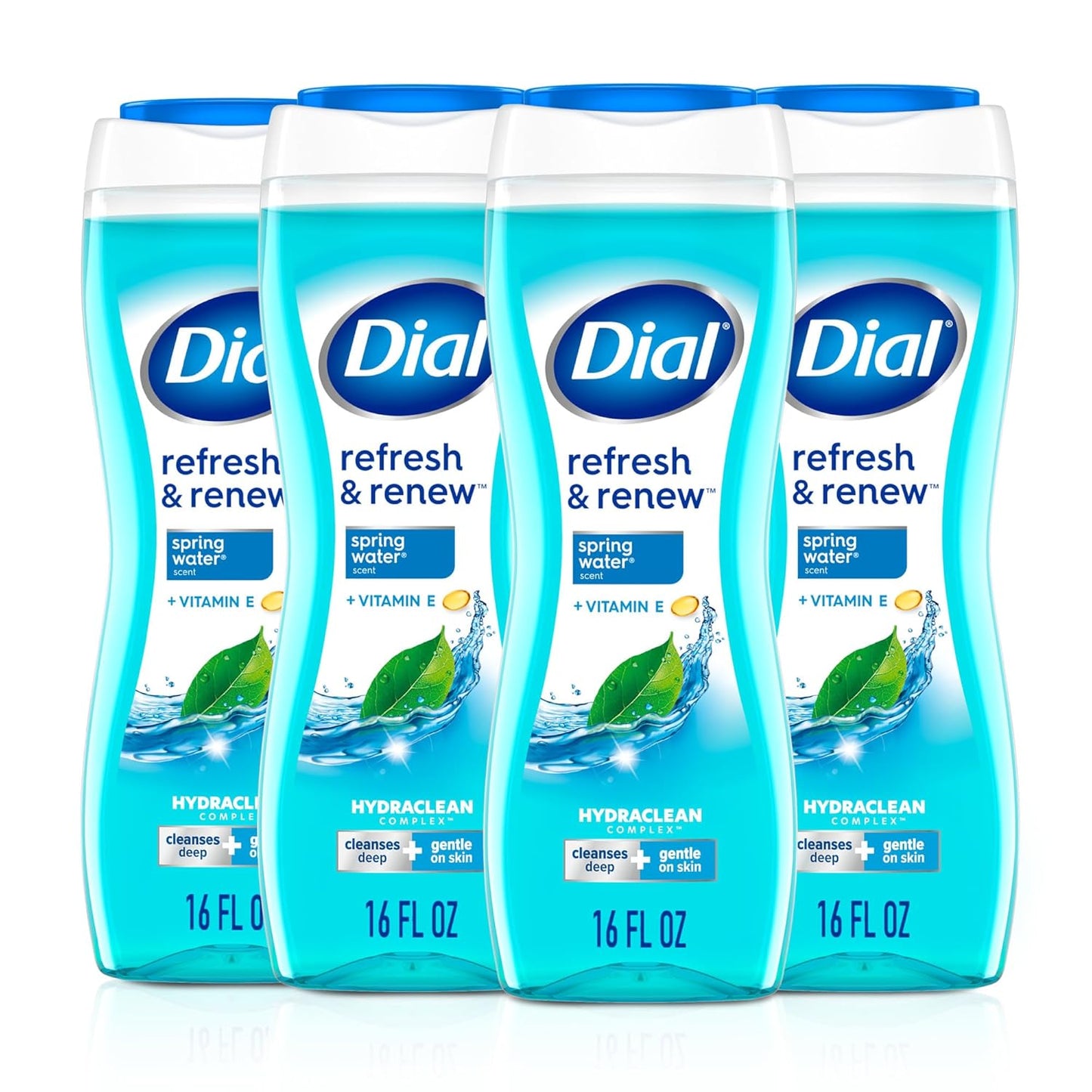 Dial Body Wash, Refresh & Renew Spring Water, 16 Fl Oz (Pack of 4), Hydraclean Complex & Vitamin E, Gentle, Leaves Skin Feeling Nourished, Dermatologist-Tested, No Parabens & Sulfates