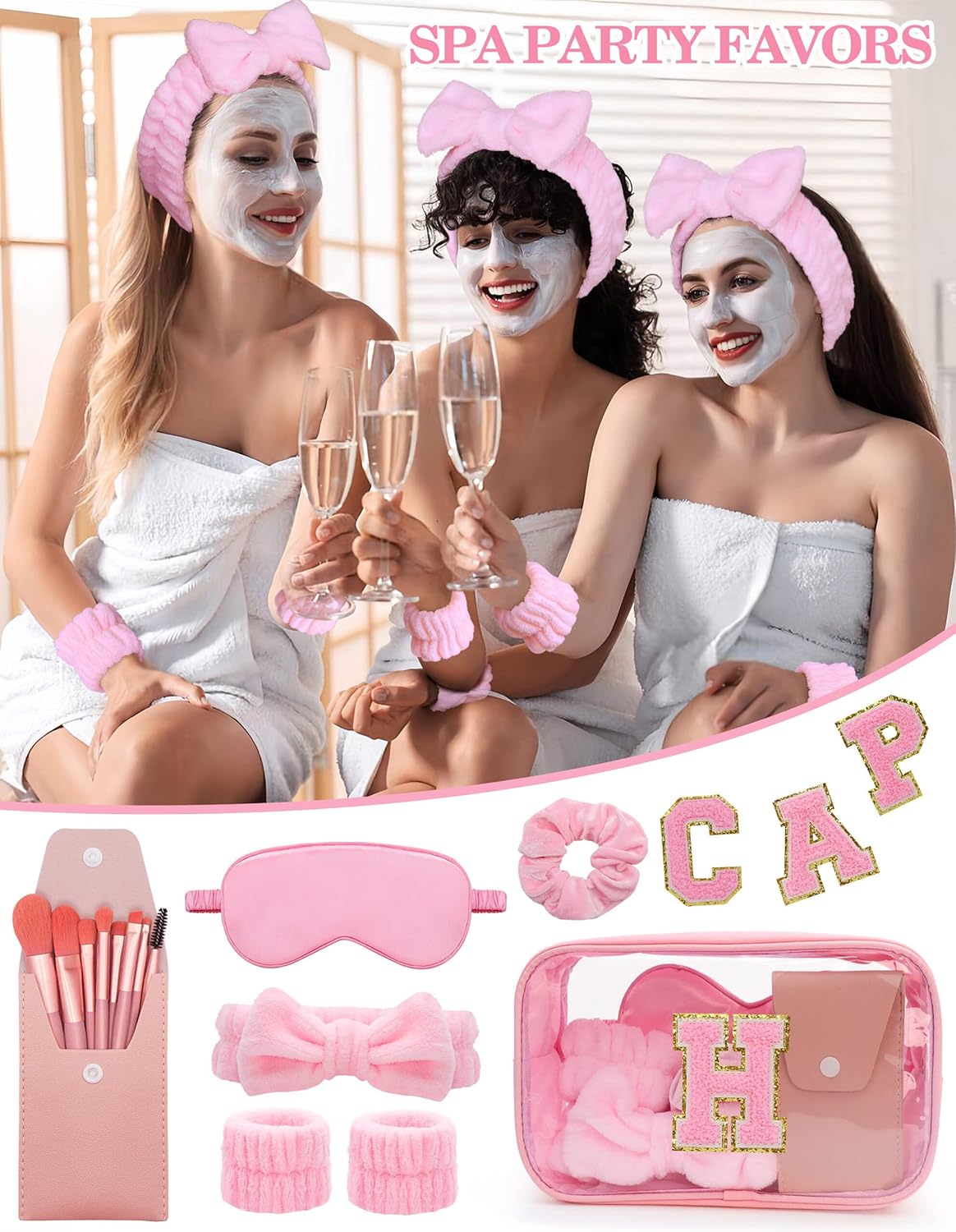 Gift Sets for Women, Initial Makeup Bag with Makeup Brush Set Bachelorette Party Favors, Pink Spa Kit with Skincare Headbands Wrist Bands Sleepover Party Supplies Gifts for Teen Girls Bridesmaid H