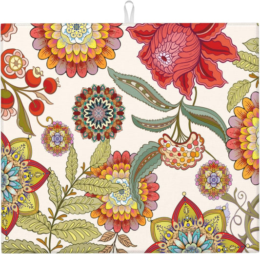 Boho Floral Dish Drying Mat for Kitchen Counter Washable Absorbent Reversible Microfiber Colorful Decorative Drying Pad Kitchen Accessories 16x18 Inch