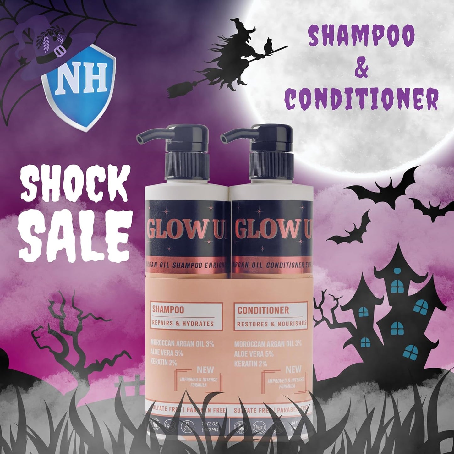 GLOW UP by Nurse Harvey's - Argan Oil Shampoo & Conditioner Set with Keratin & Aloe Vera, 14 fl oz Each – Repairs, Hydrates, Restores Shine – Sulfate Free, Paraben Free, Vegan & Cruelty Free