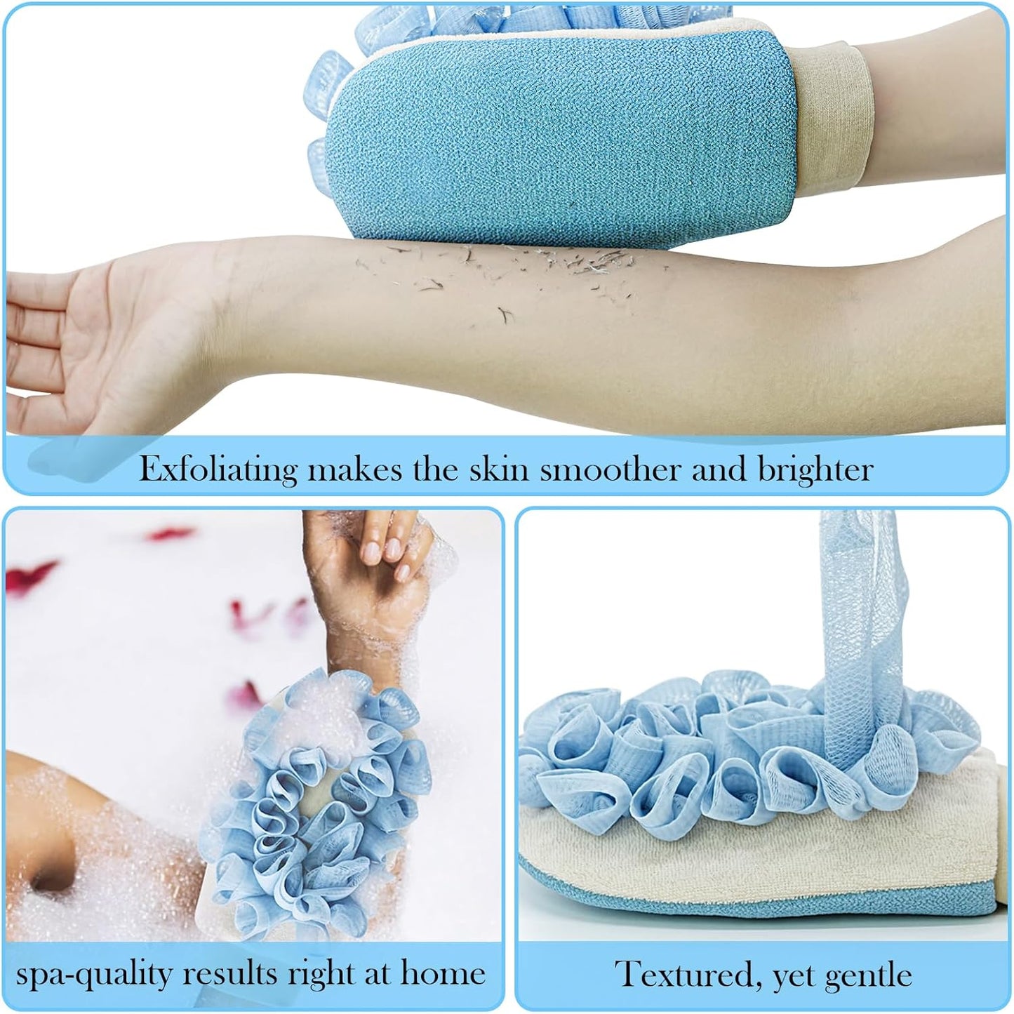 ‌Dual-Function Exfoliating Glove for Shower- Body Scrubber & Shower Loofah 2-in-1 - Korean Exfoliating Mitt for Smooth Skin - Remover Dead Skin and Keratosis - Blue (1-Pack)
