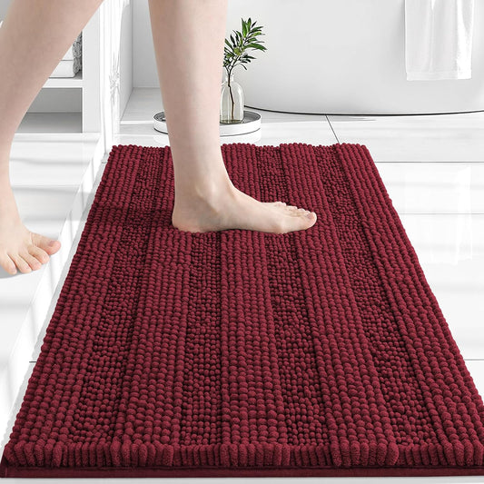 Grandaily Chenille Striped Bathroom Rugs 30x20, Extra Thick and Absorbent Bath Mats, Non-Slip Soft Plush Shaggy Shower Carpet, Machine Wash Dry, Bath Rug for Bathroom, (Medium, Burgundy)