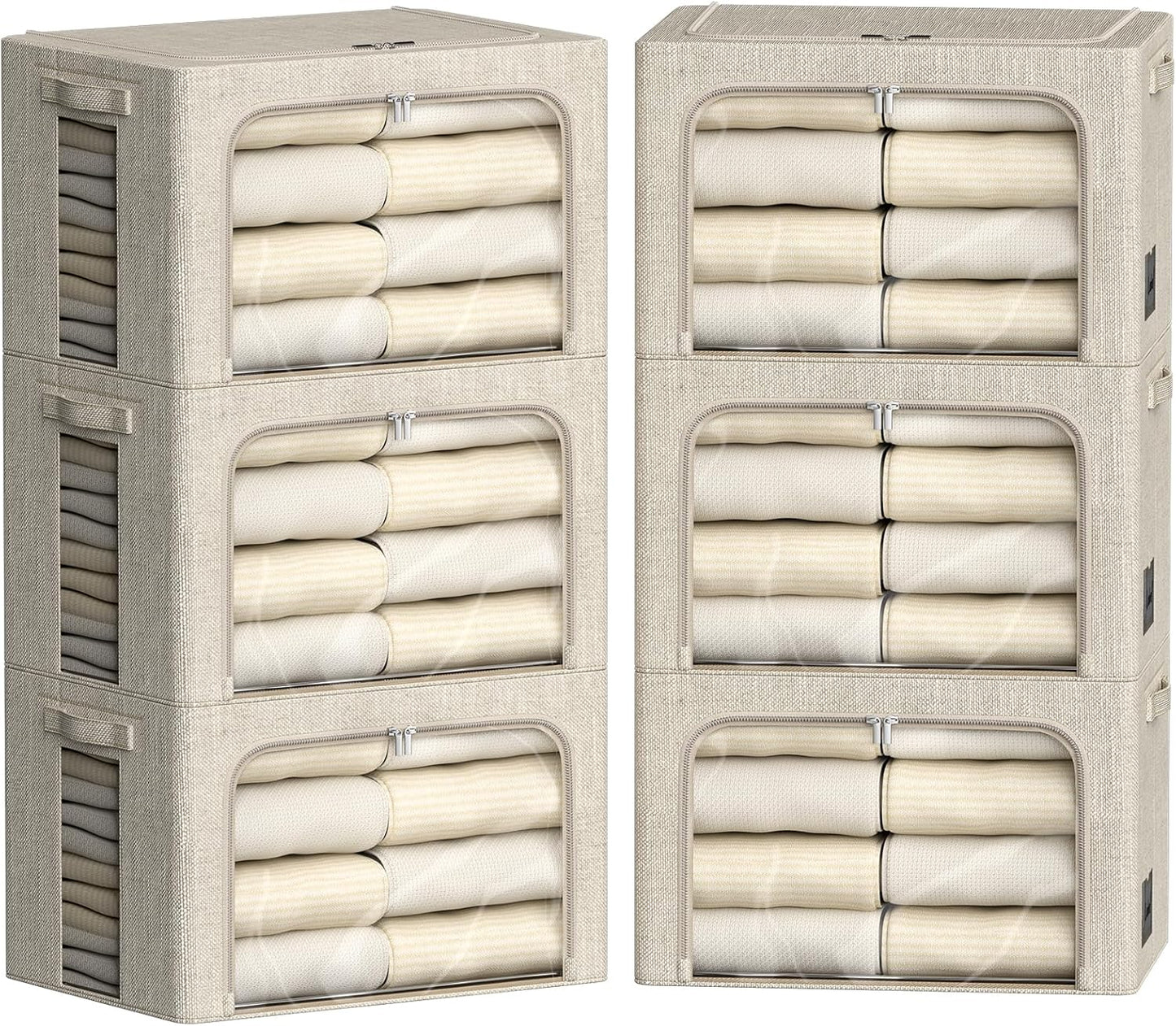 FHSQX 6 Pack Clothes Storage Bins with Metal Frame Foldable Storage Bins for Clothes Linen Fabric Storage Box with Clear Window (Beige, 15.7x11.8x7.8inch(22L))
