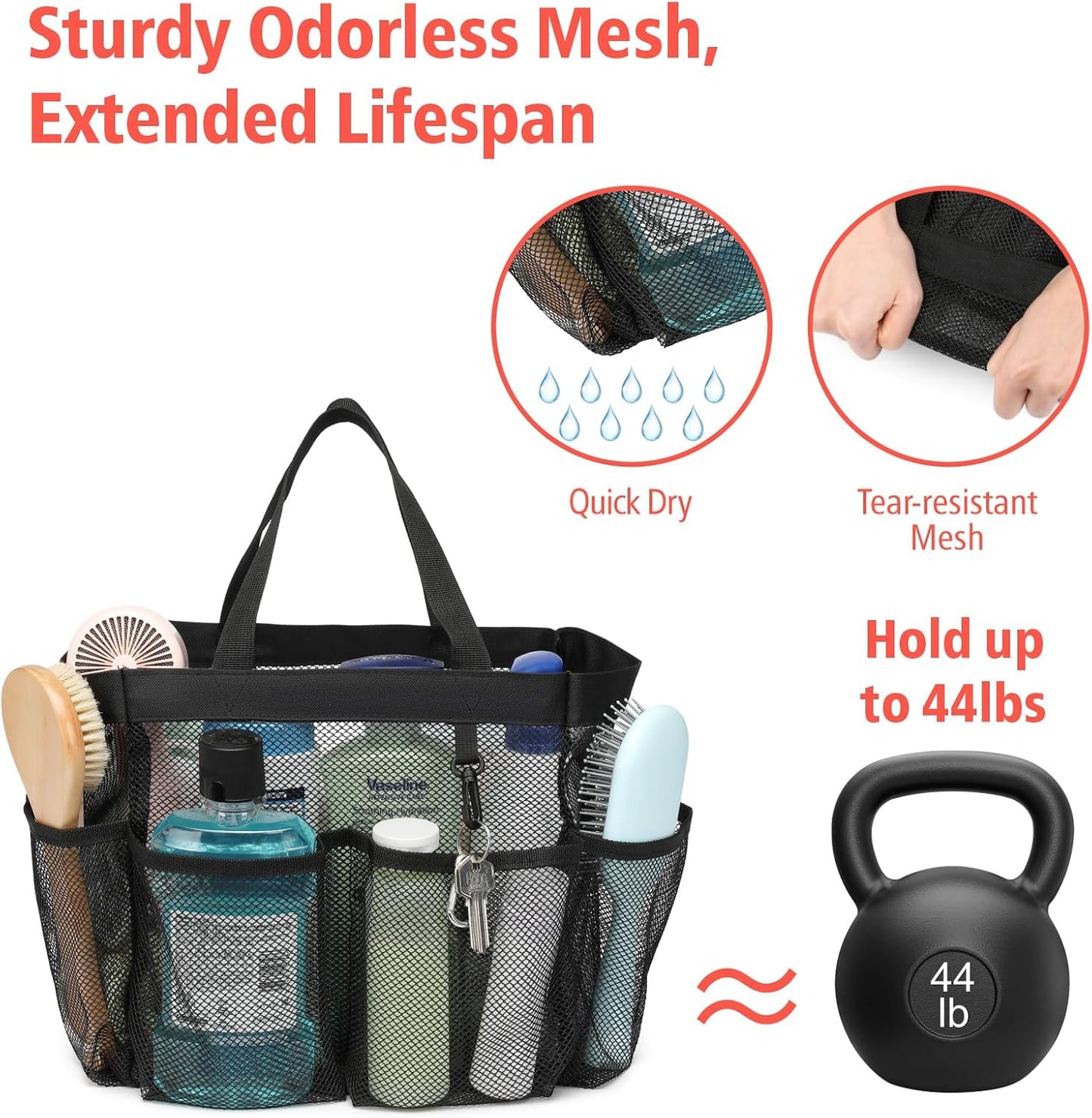 F-color Mesh Shower Caddy Portable - 2 Handles Upgrade Deeper 7 Pockets Basket Bag Tote for College Dorm Room Toiletry Bathroom Essentials Gym Camp Quick Dry with S Hook, 2 Pack, Black & Mint Green