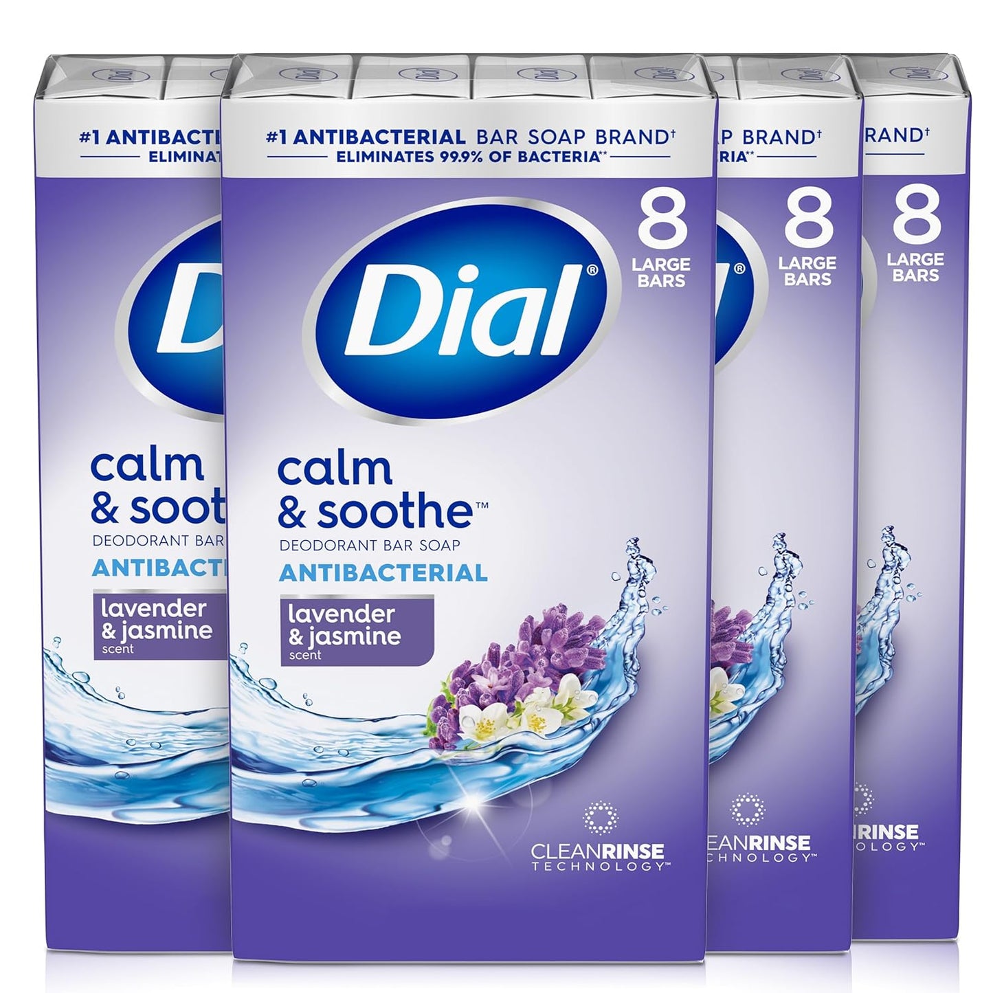 Dial Antibacterial Bar Soap, Calm & Soothe, Lavender & Jasmine Scent, 4 oz, 8 Bars Pack of 4