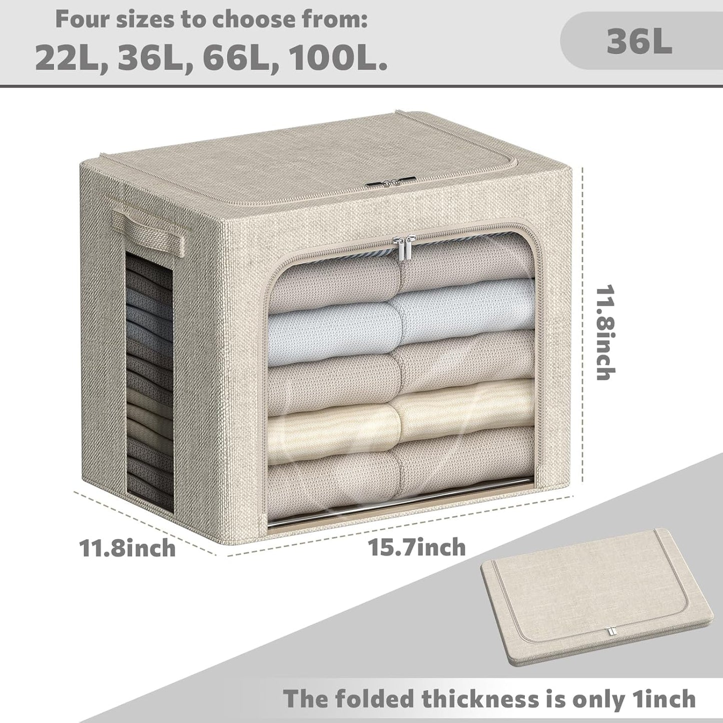 FHSQX 6 Pack Clothes Storage Bins with Metal Frame Foldable Storage Bins for Clothes Linen Fabric Storage Box with Clear Window (Beige, 15.7x11.8x11.8inch(36L))