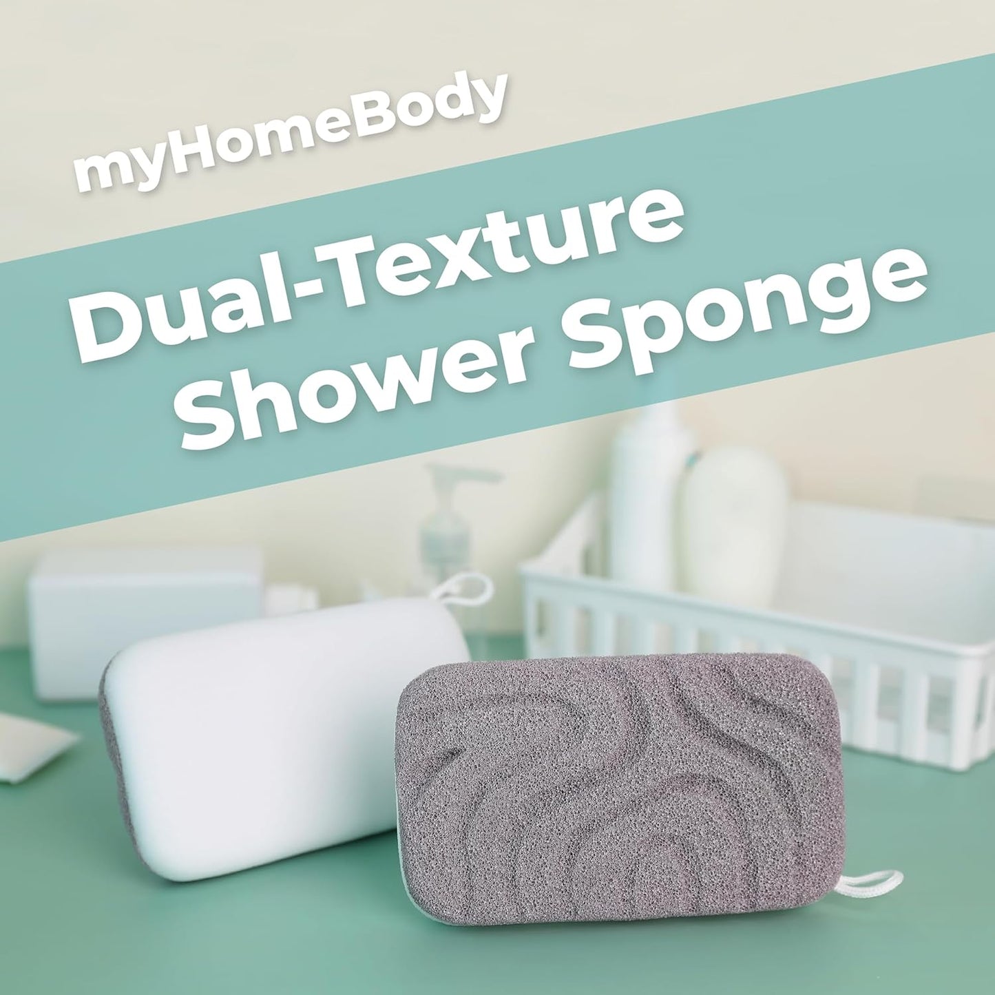 myHomeBody Dual-Texture Shower Sponge, Beauty Body Scrubber Exfoliator for Women, Exfoliating Loofah for Men, 1pc