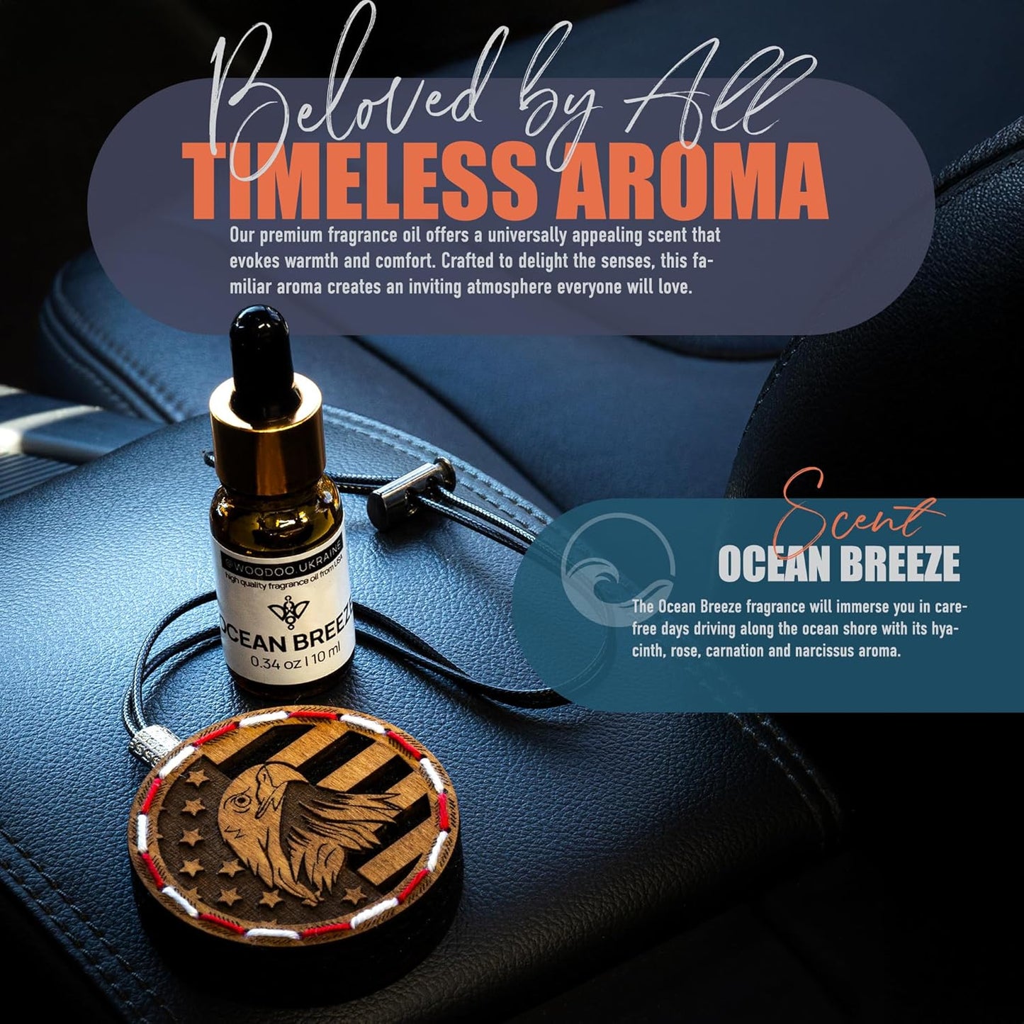 Wood Car Air Freshener — Handcrafted Air Freshener — American Flag Hanging Fragrance Oil Diffuser in Wooden Gift Box — Christmas Gift for Car with Ocean Breeze Fragrance Oil - 10 ml