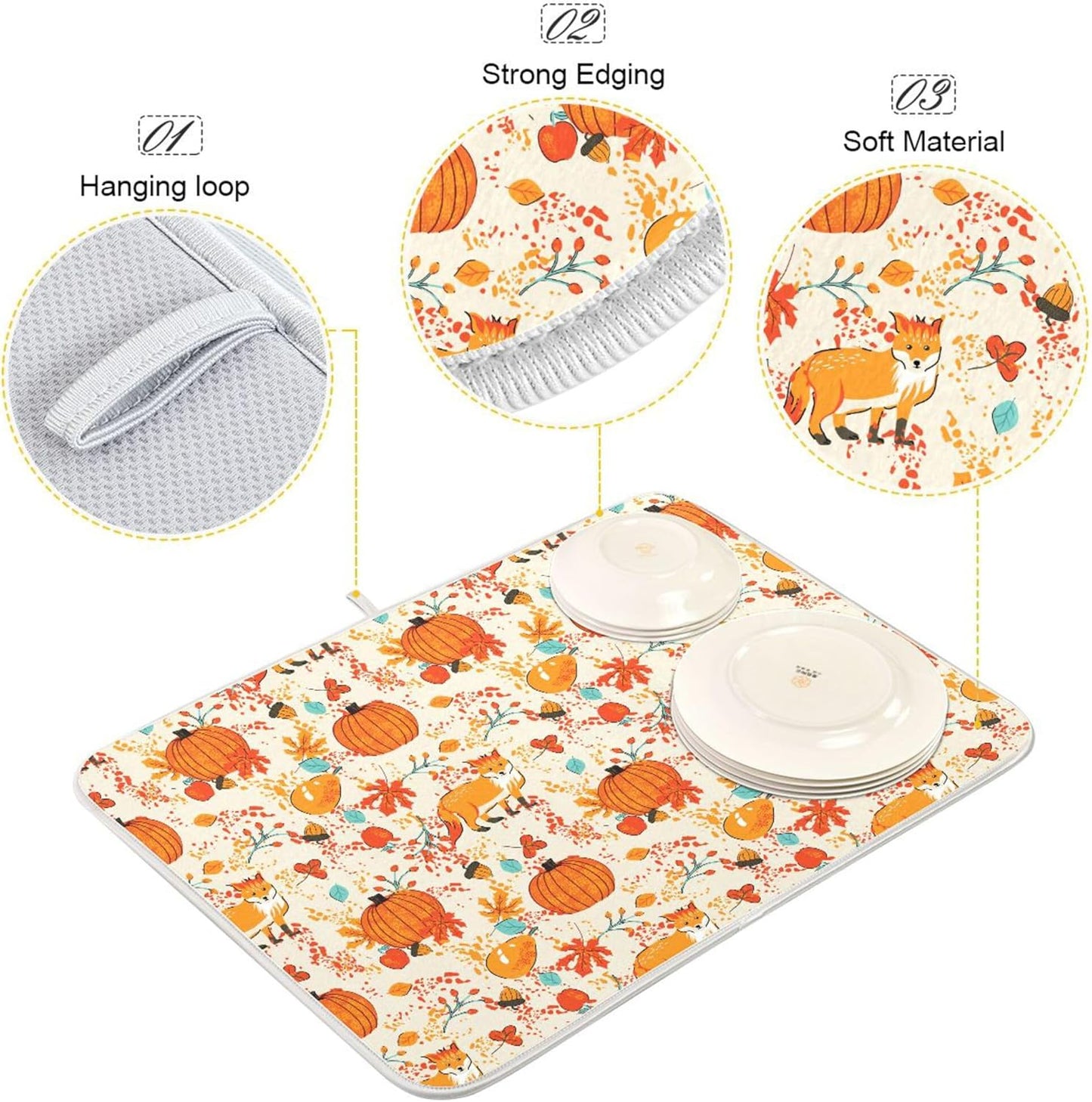 Fall Fox Dish Drying Mat for Kitchen Countertop 18x24 Autumn Chestnuts Pumpkin Berry Thanksgiving Day Large Drying Mat Reusable Quick Dry Dish Sink Mats Easy Clean Decorative Essentials