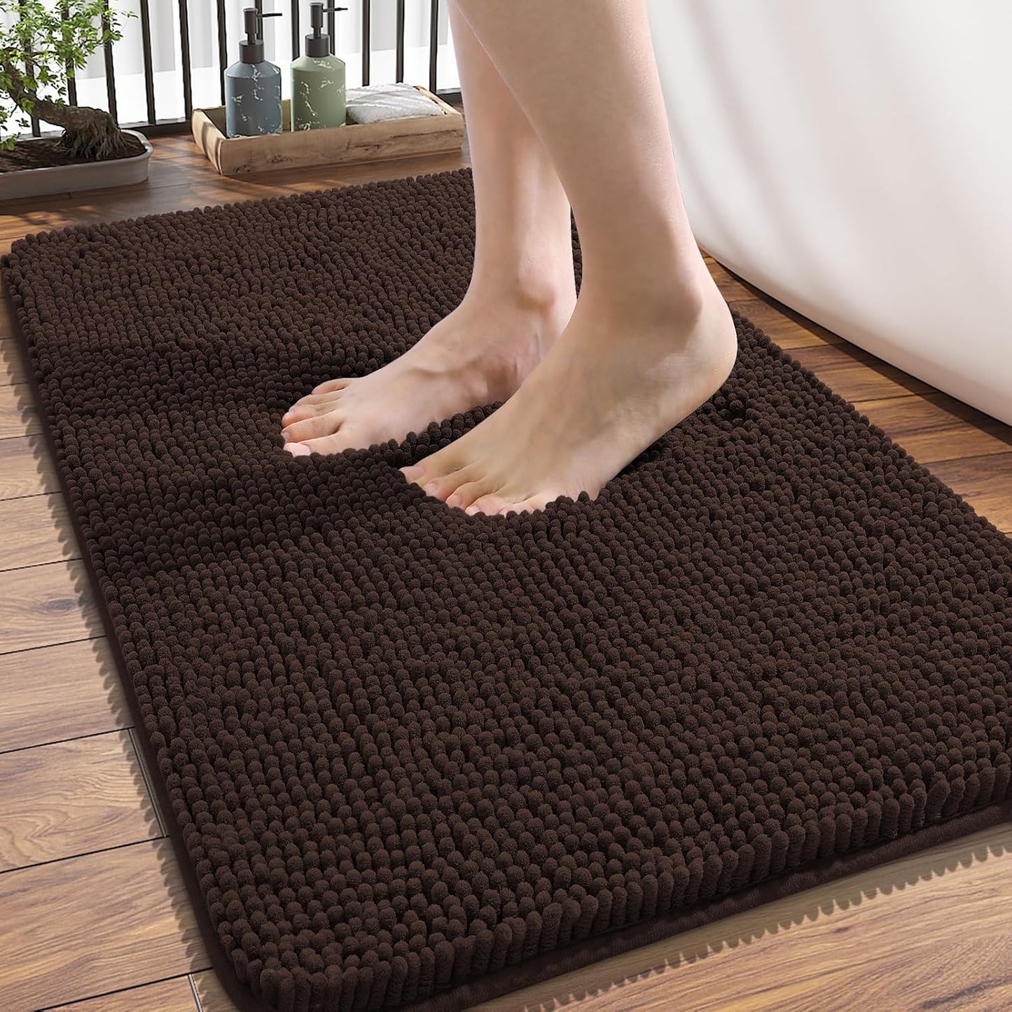 OLANLY Bathroom Rugs 34x21, Extra Soft Absorbent Chenille Bath Rugs, Rubber Backing Quick Dry, Machine Washable Bath Mats for Bathroom Floor, Tub and Shower, Home Decor Accessories, Brown