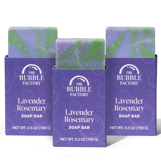 The Bubble Factory Handmade Natural Bath & Body Soap Bar, Vegan, All-Natural, Palm Oil Free, Made in USA with Shea Butter + Essential Oils, Lavender Rosemary, 3 Bars