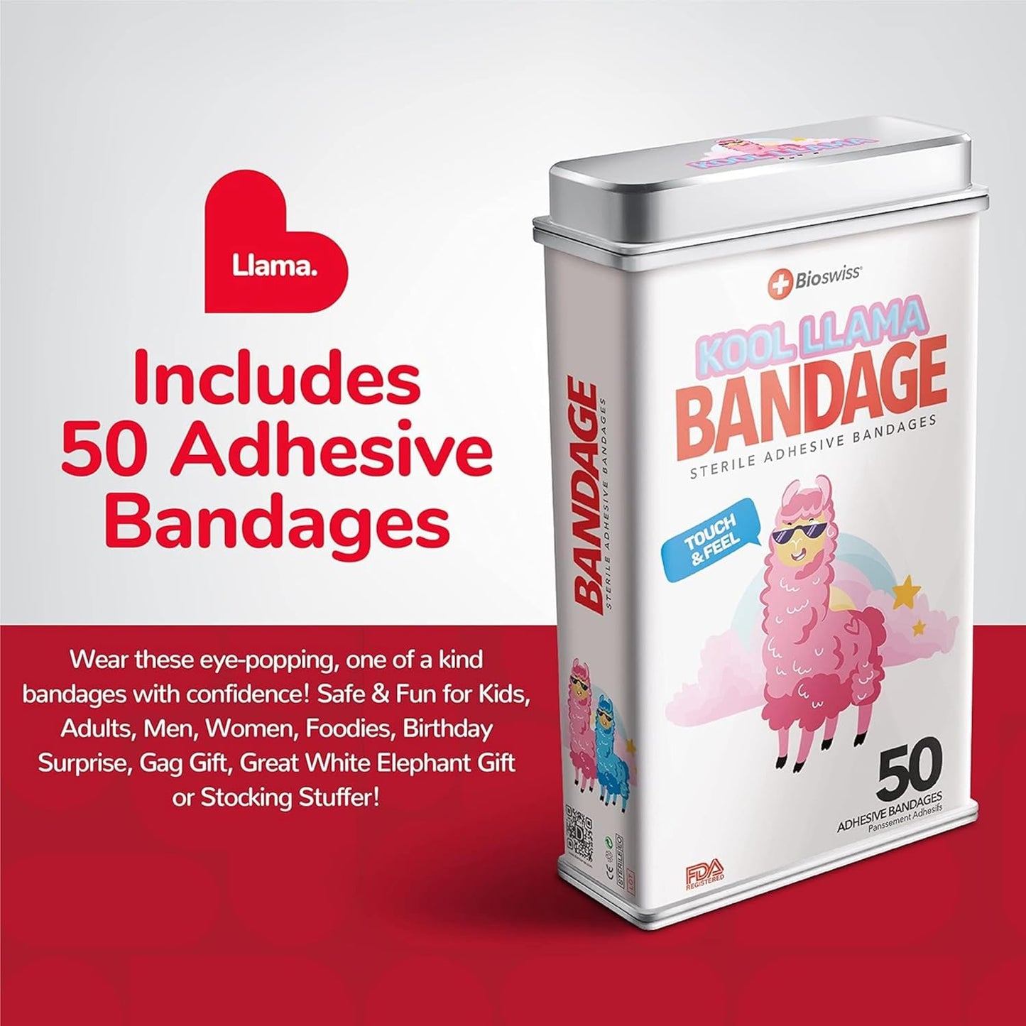 BioSwiss Kids Bandages, Llama Shaped Self Adhesive Bandage Set, Latex Free, Sterile Wound Care, 50 Count