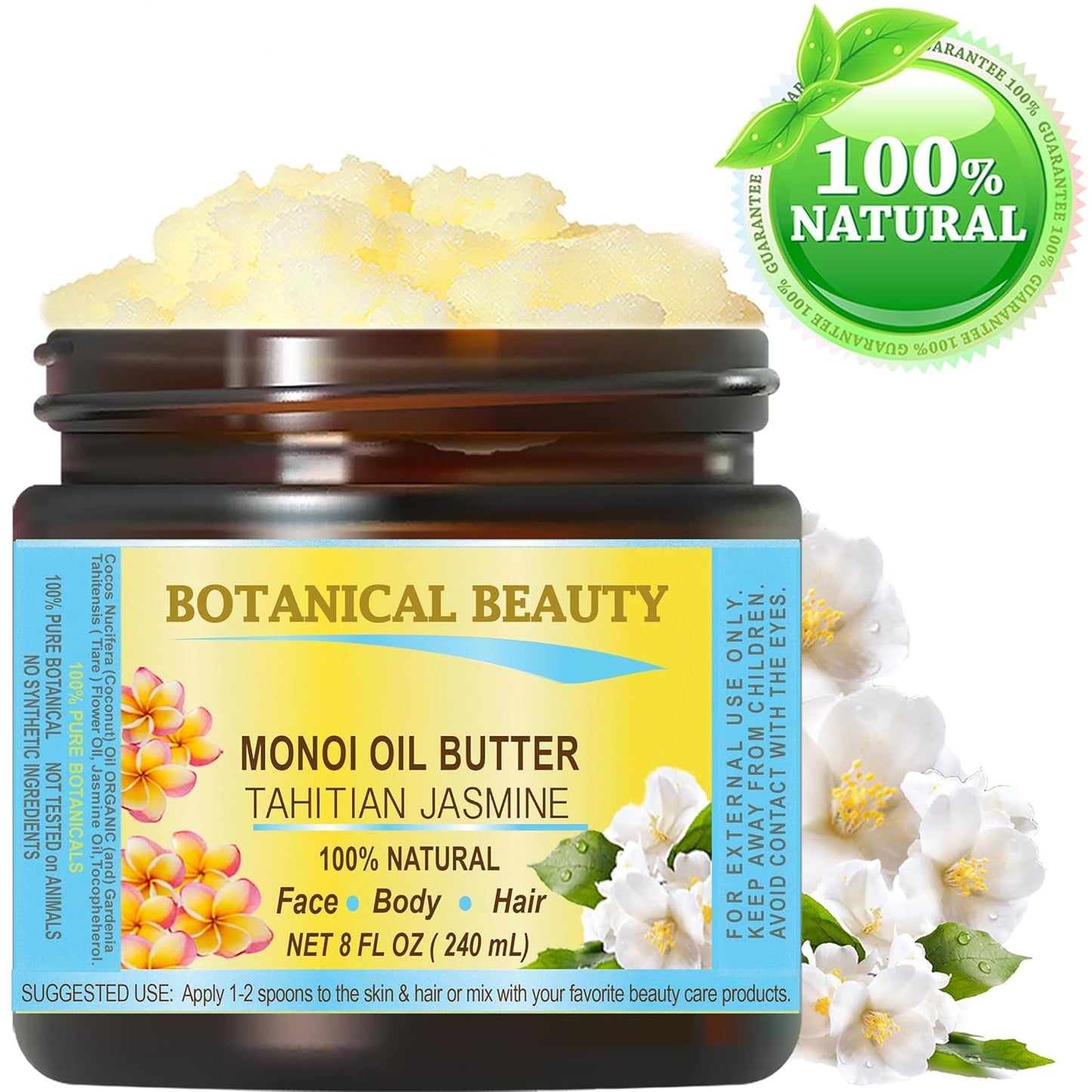 Botanical Beauty MONOI OIL BUTTER TAHITIAN JASMINE Pure Natural Virgin Unrefined RAW for FACE, SKIN, BODY, DAMAGED HAIR, NAILS (8 Fl Oz)