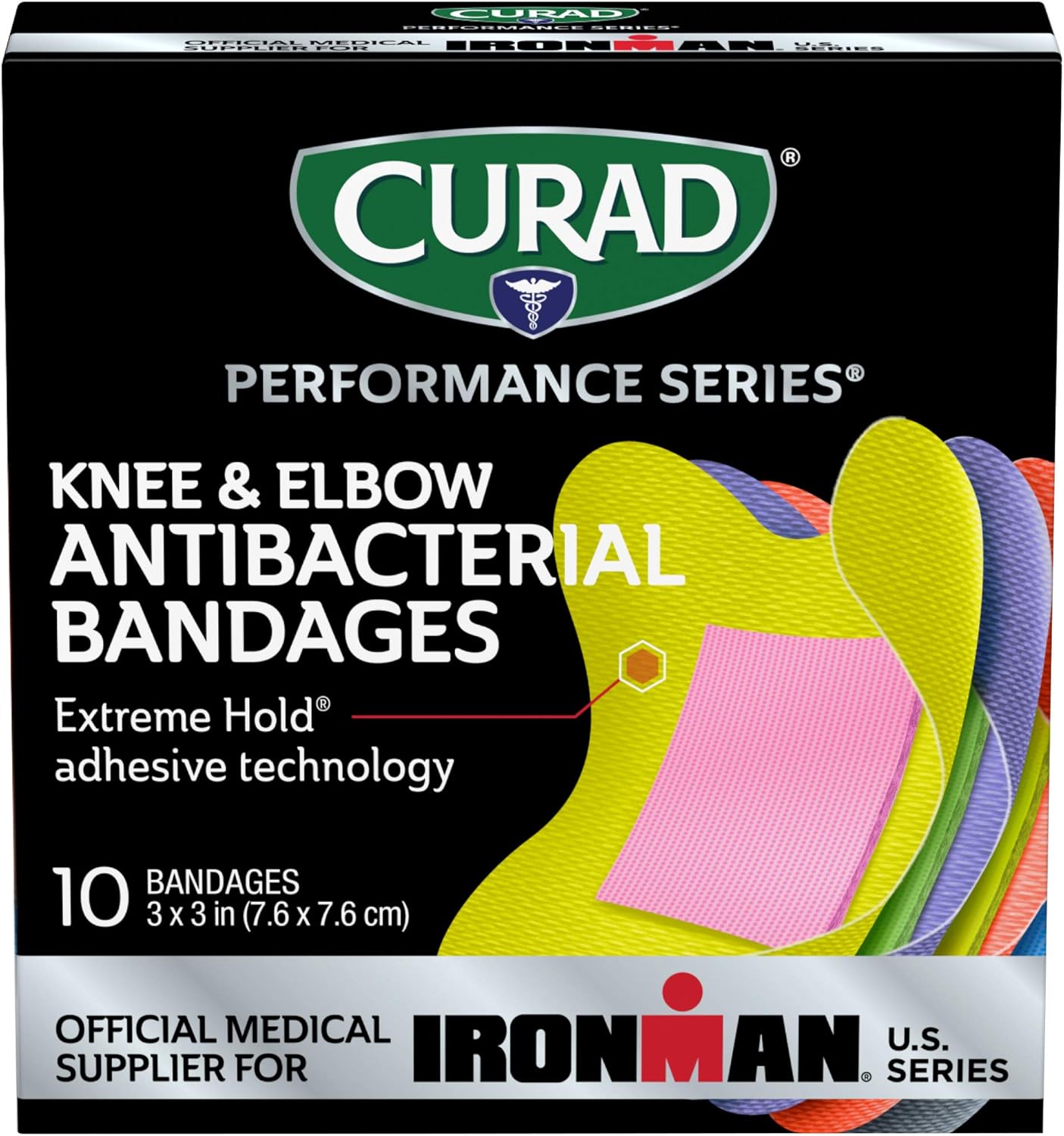 CURAD Performance Series IRONMAN Antibacterial Bandages, Extreme Hold Adhesive Technology, Knee & Elbow 3 inches x 3 inches, 10 Count, Ideal for Cuts, Scrapes, Sports, and Active Lifestyles