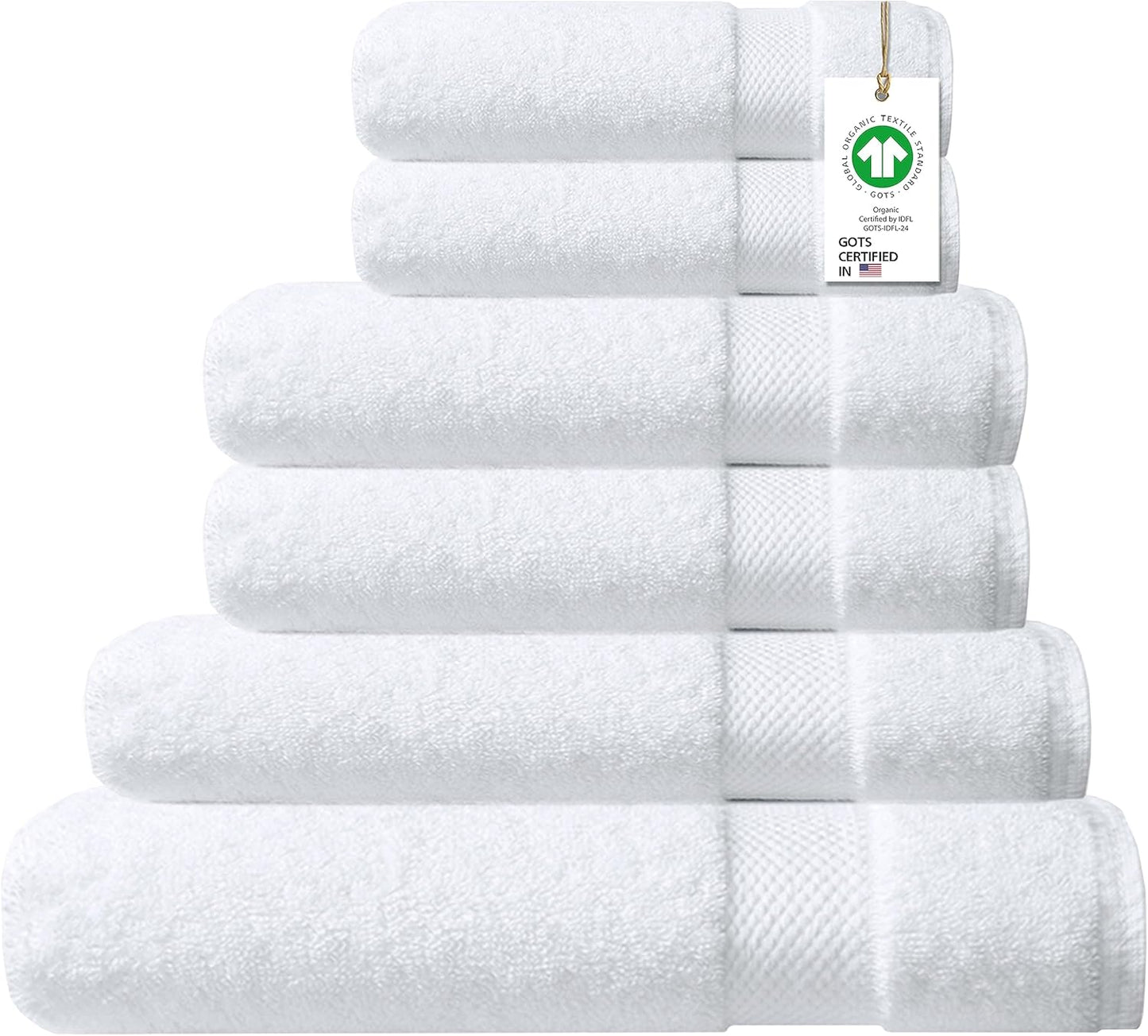 Delara 100% Organic Cotton Towels 650 GSM Plush Feather Touch Quick Dry Towel, 6-Piece Towel Set GOTS Certified, Oeko-Tex Green Certified, 1 Bath Towel, 1 Bath Sheet, 2 Hand Towels & 2 Wash Cloths