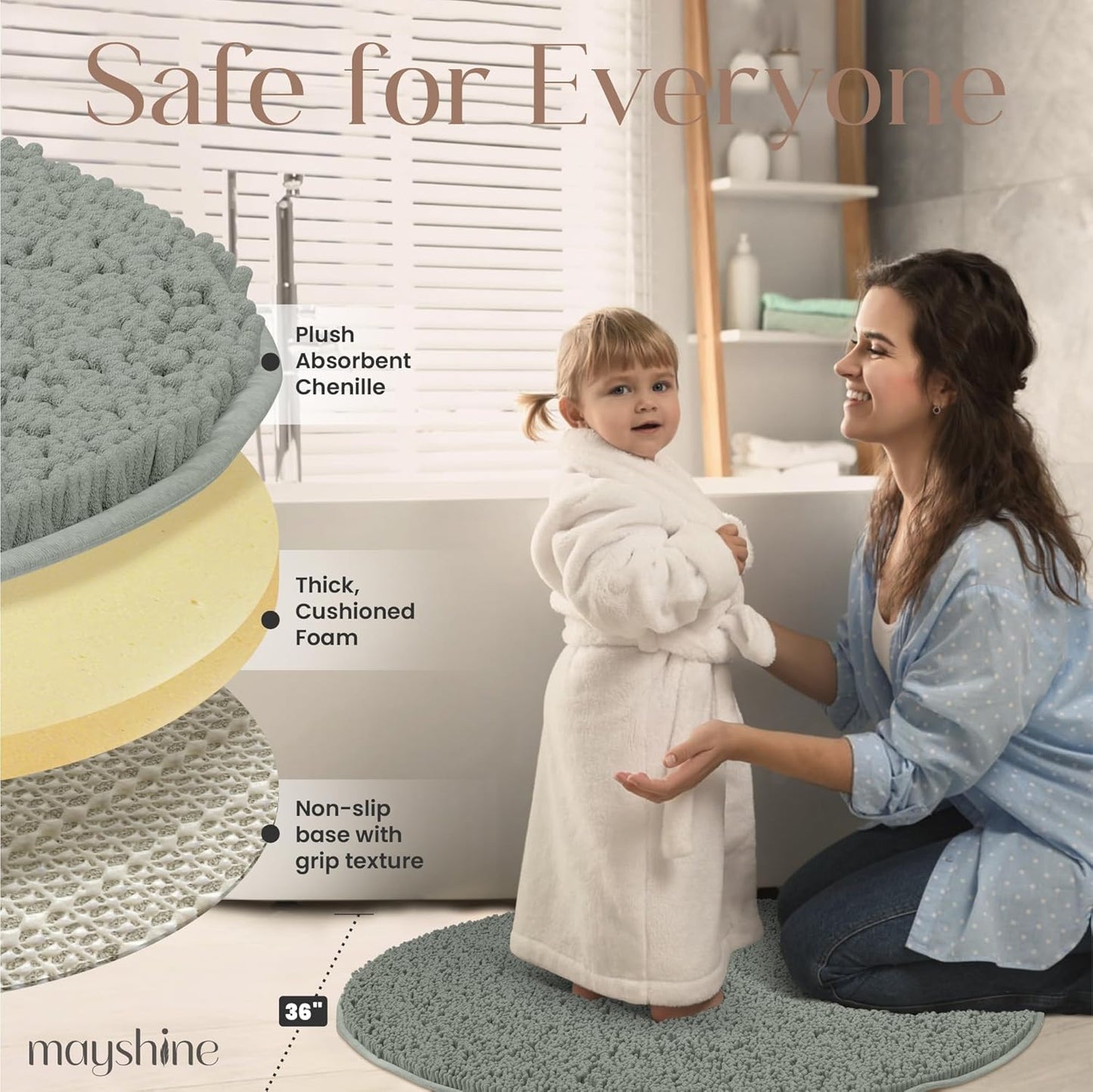 MAYSHINE Round Area Rug Set for Bathroom | Soft Plush Chenille Bath Mat, Water Absorbent Non-Slip Bathroom Rug | Washable Shag Carpet for Shower, Bedroom, or Home Décor | 36"x36" (Round) | Sage Green