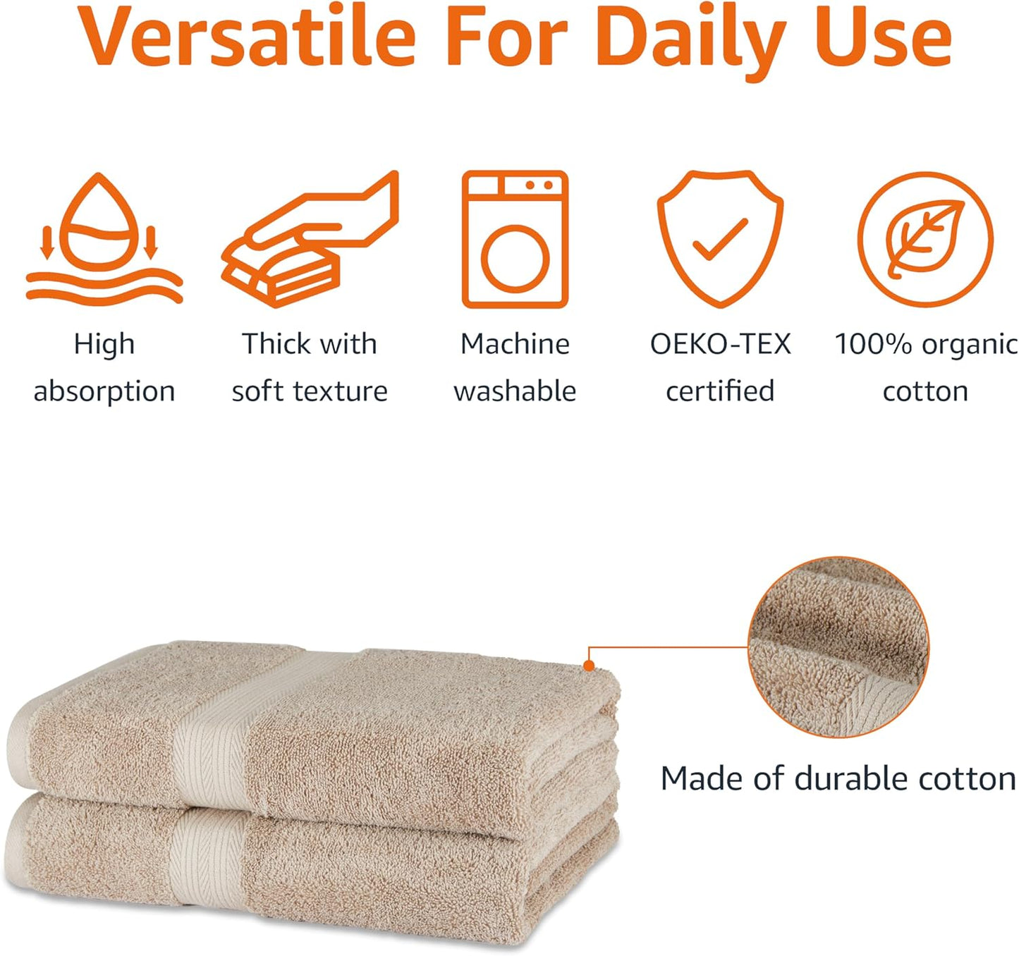 Amazon Basics Fade-Resistant 100% Cotton Bath Towel, 2 Pack, 30"x54", Taupe